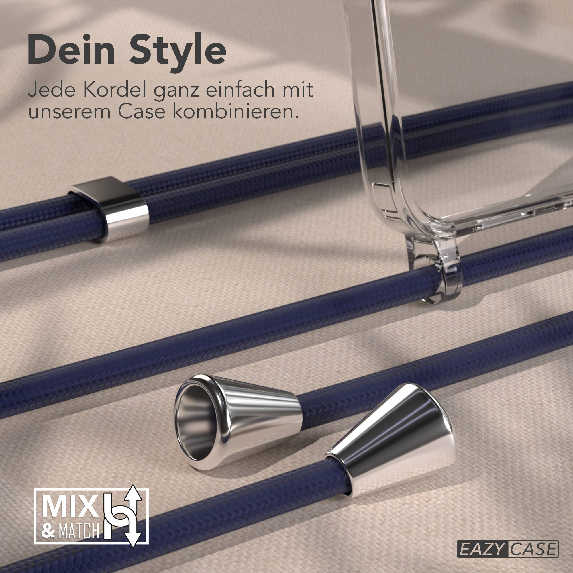 Ein durchsichtiges Handyhülle und blaue Kordeln mit silbernen Endstücken.