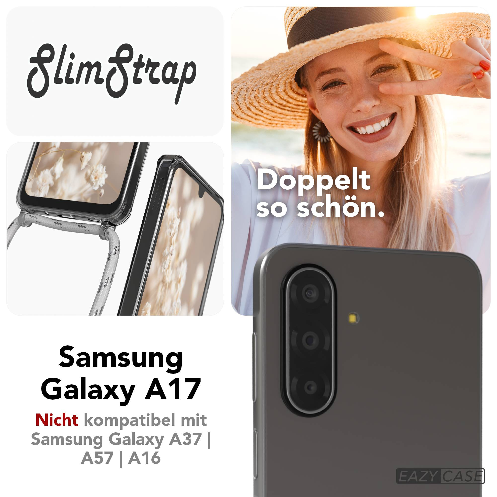 Ein Samsung Galaxy A17 mit SlimStrap und lächelnder Frau mit Hut.