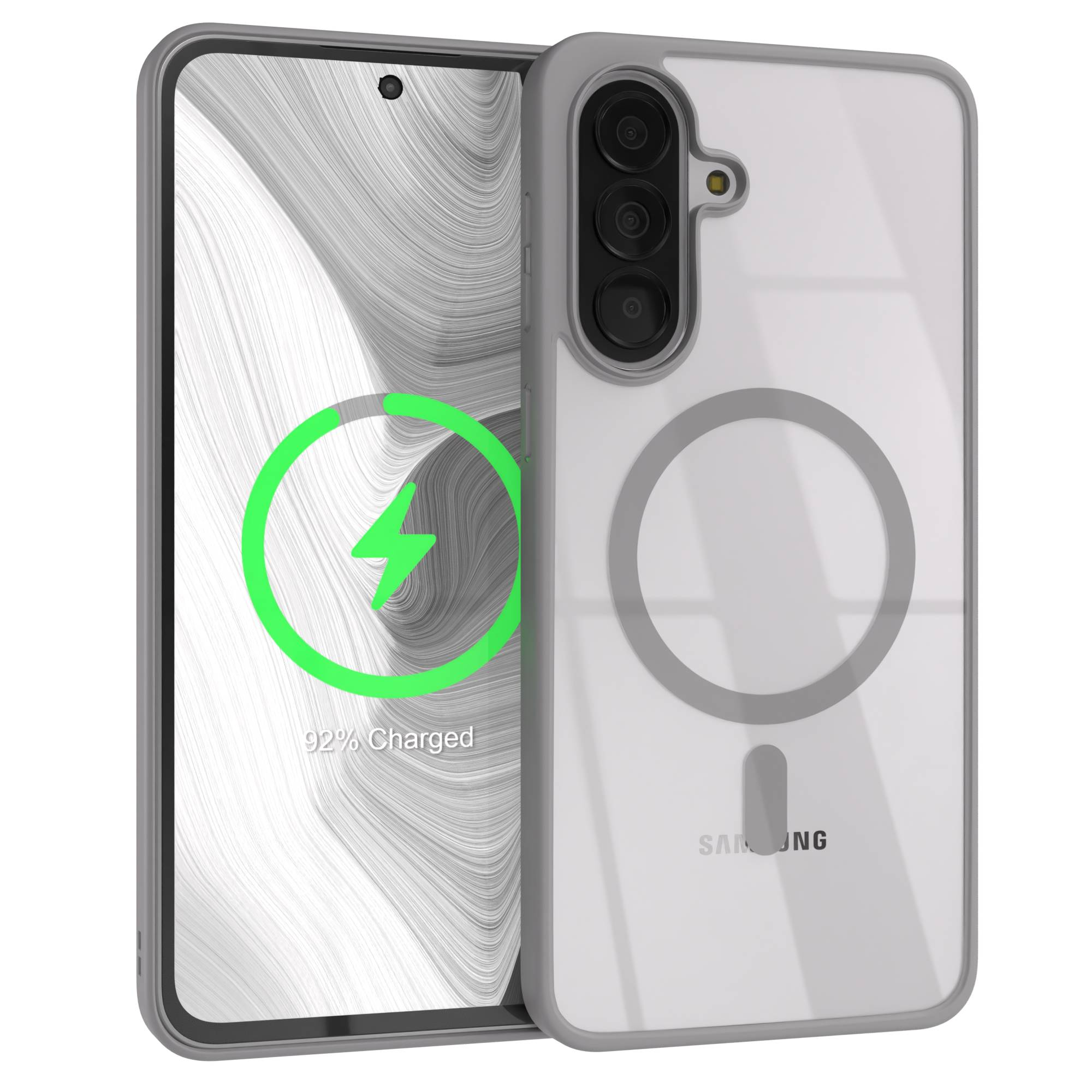Ein Smartphone mit einem transparenten Gehäuse, das auf dem Bildschirm eine Ladung von 92 % anzeigt.