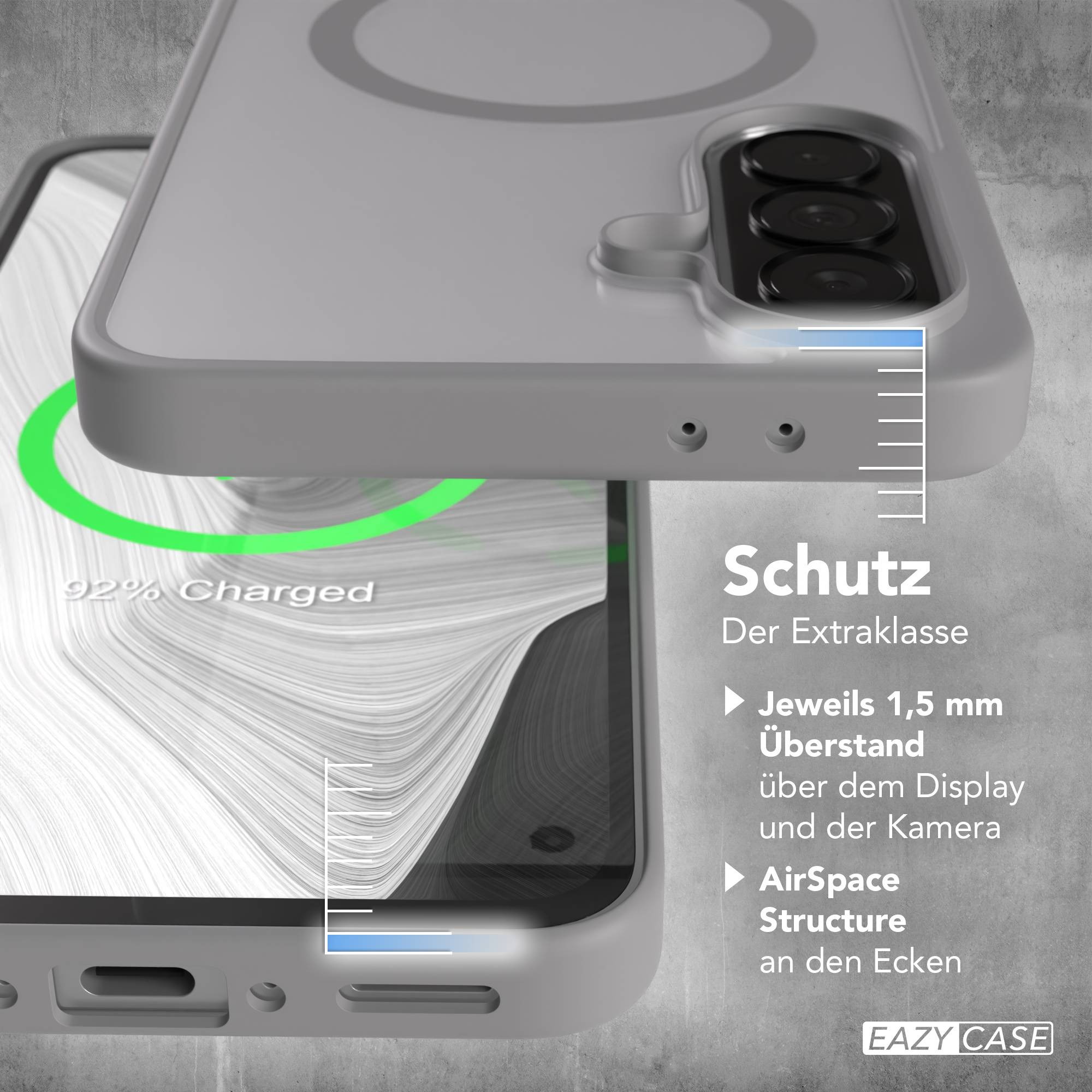 Graue Handyhülle mit 1,5mm Überstand, zeigt 92% Ladung.