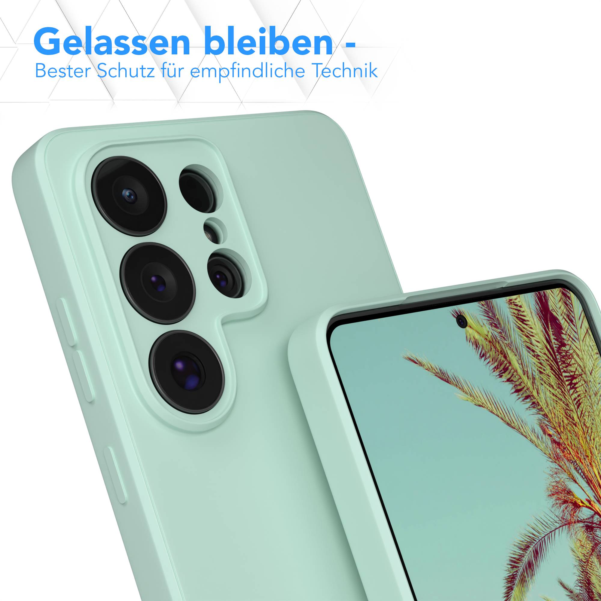 Eine mintgrüne Handyhülle mit einem Kameralinsen-Array und einem Teil des Bildschirms.