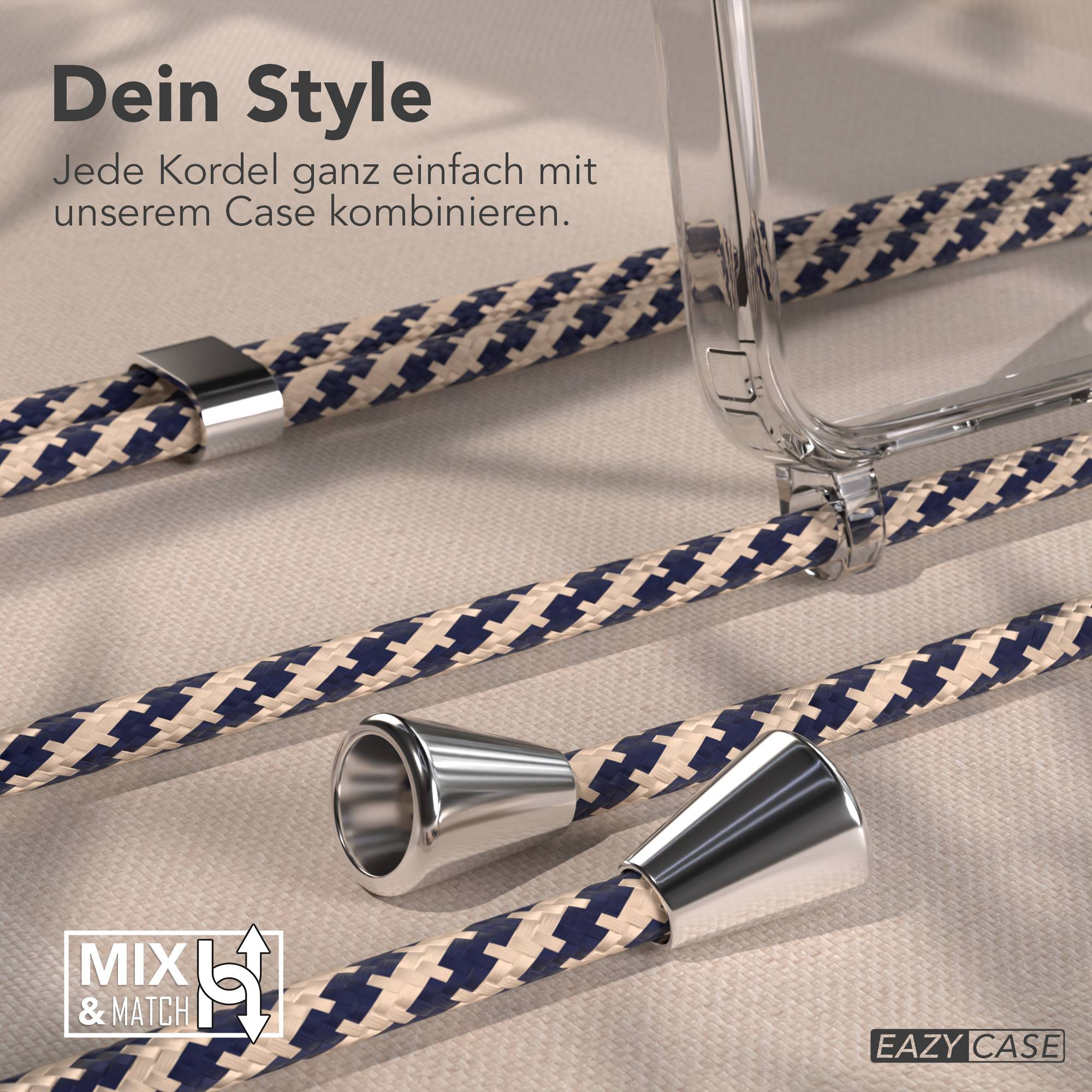 Ein durchsichtiger Handyhülle mit einem geflochtenen Band mit blau-beigen Mustern.