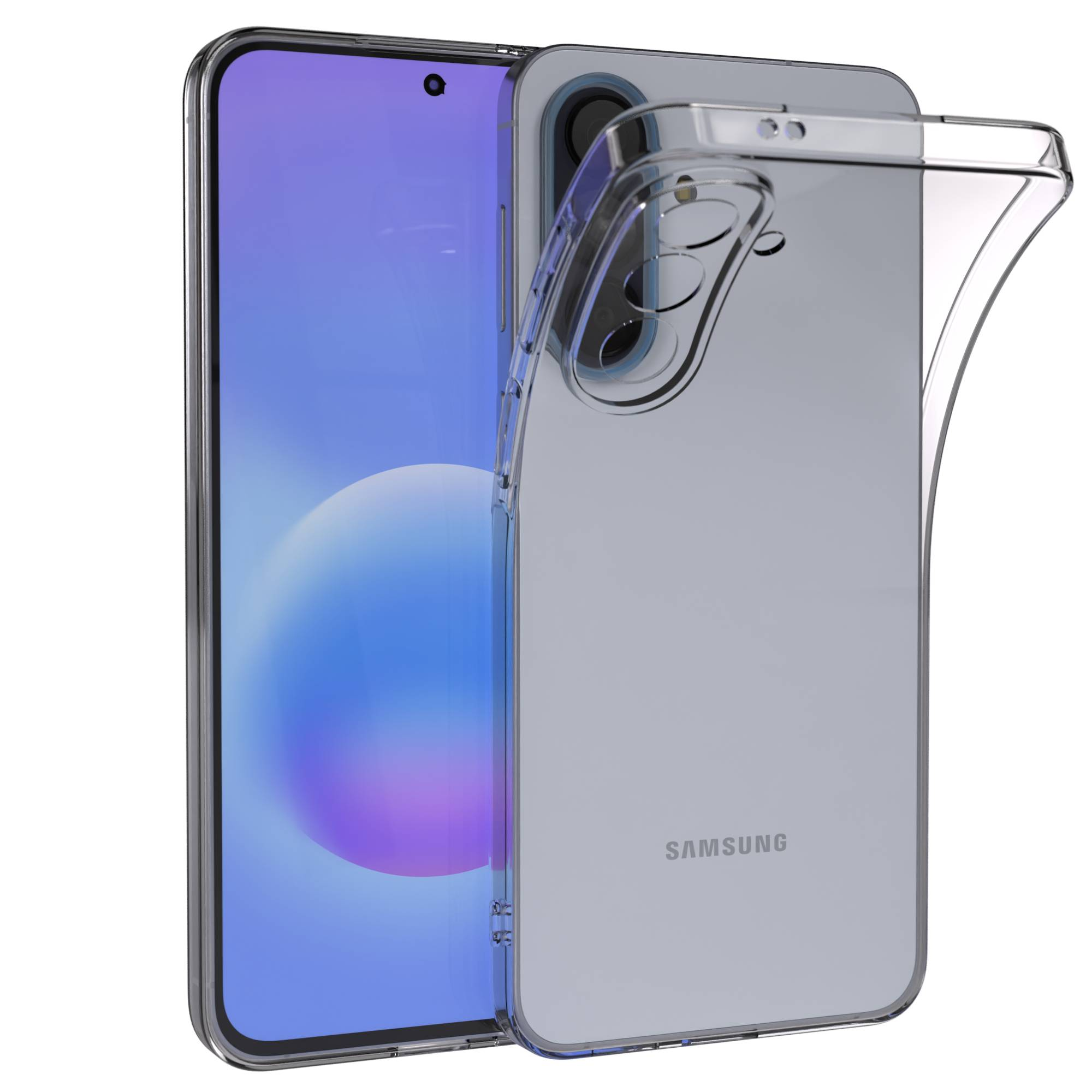 Ein durchsichtiges Handycover schützt ein Smartphone mit blauem Bildschirm.