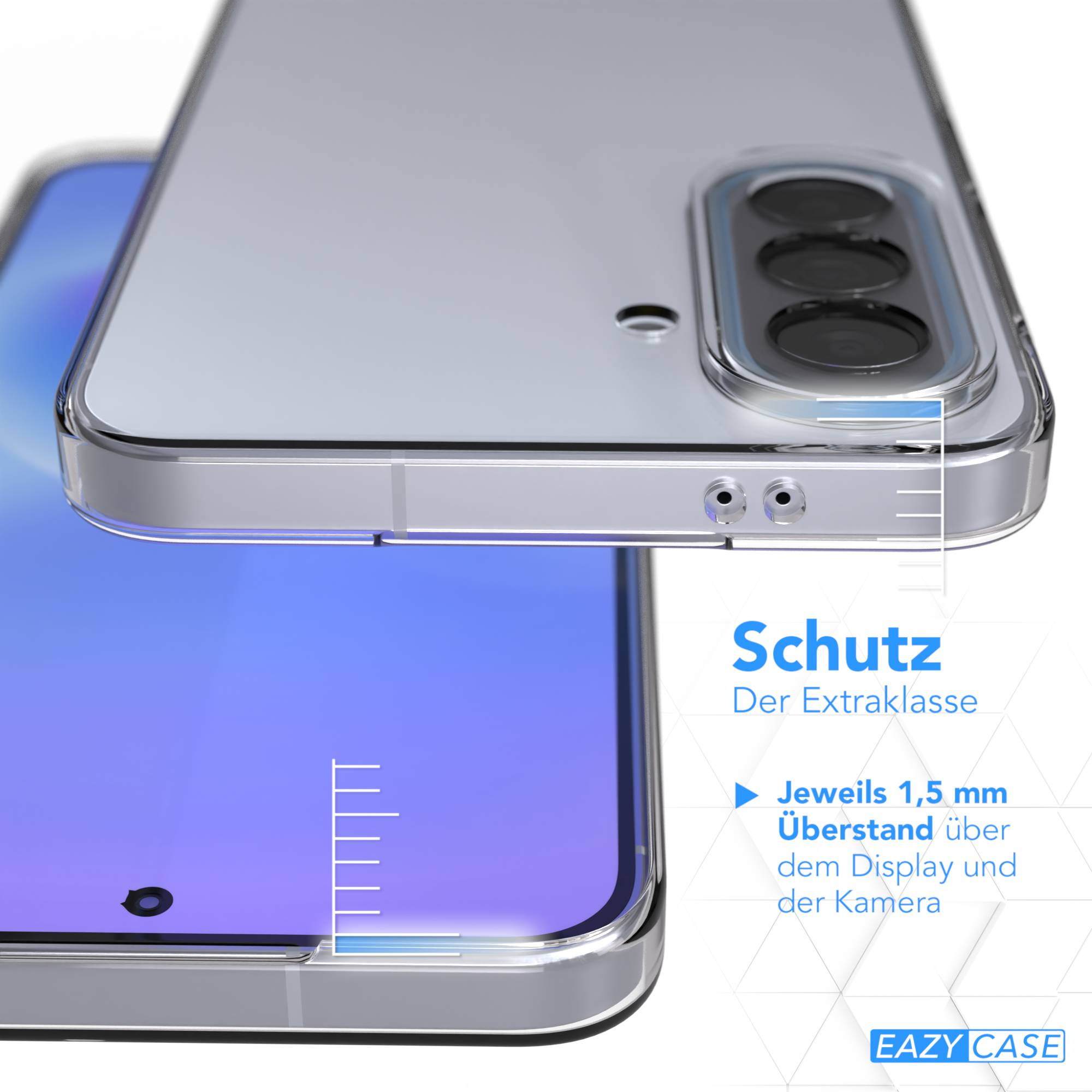 Transparente Handyhülle zeigt erhöhte Kanten für Display und Kamera.