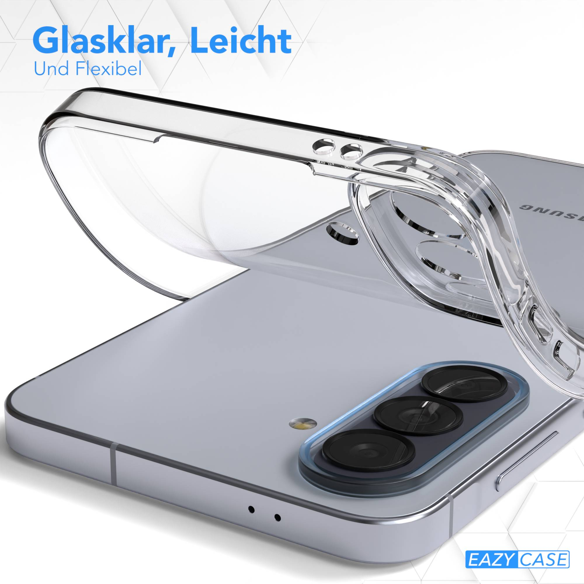 Transparente Handyhülle über einem silbernen Smartphone. Nahaufnahme.