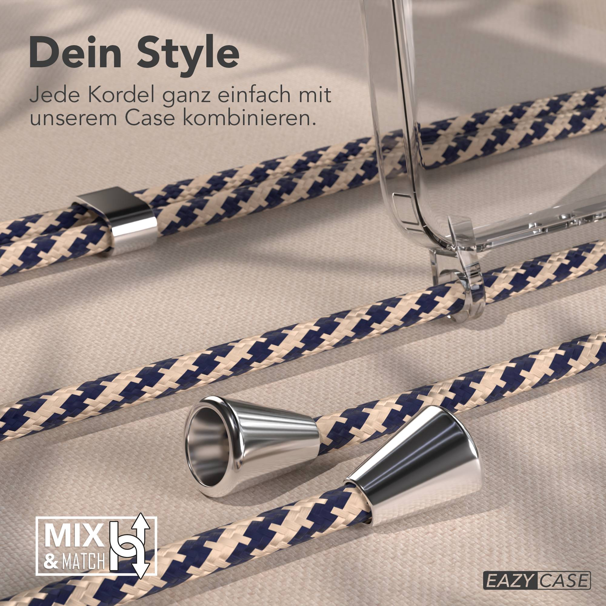 Ein Handy-Case mit blau-weißen Kordeln und silbernen Endkappen. "Dein Style"