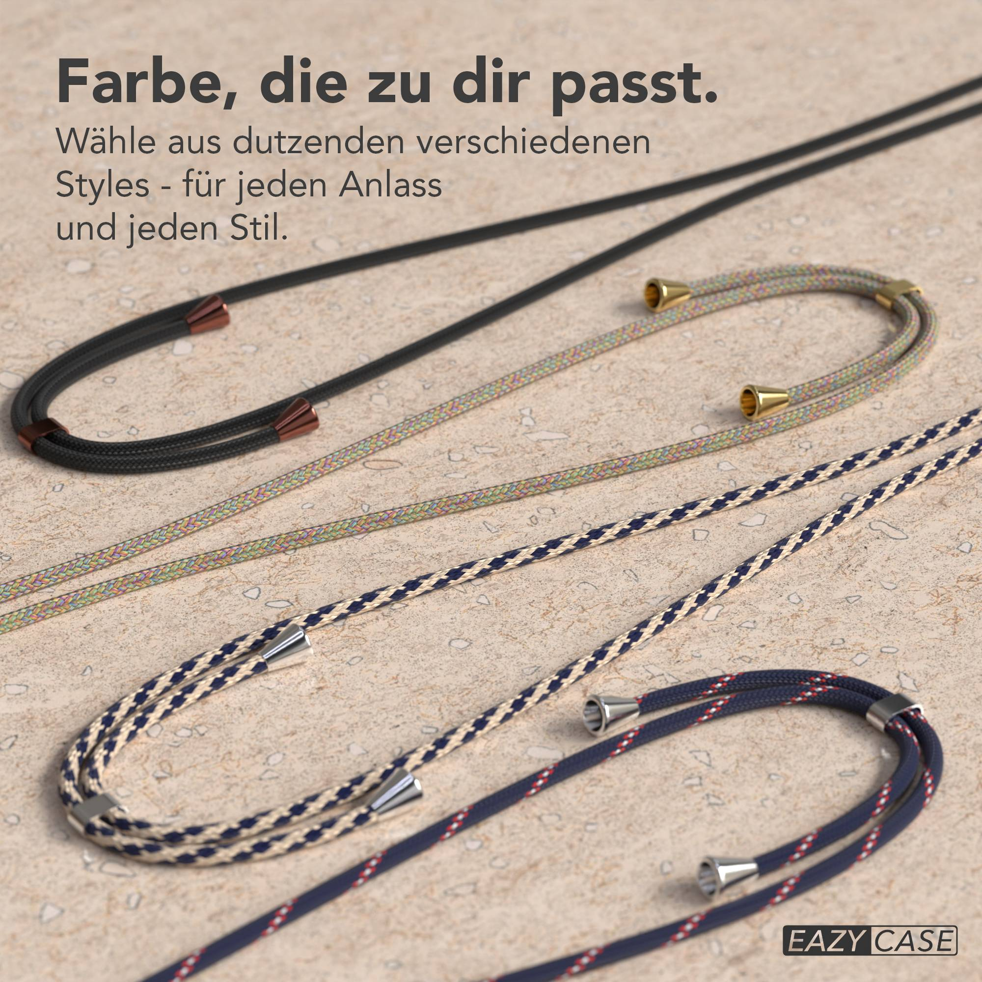Drei bunte Kordeln liegen auf einer Steintextur. Eazy Case Logo.