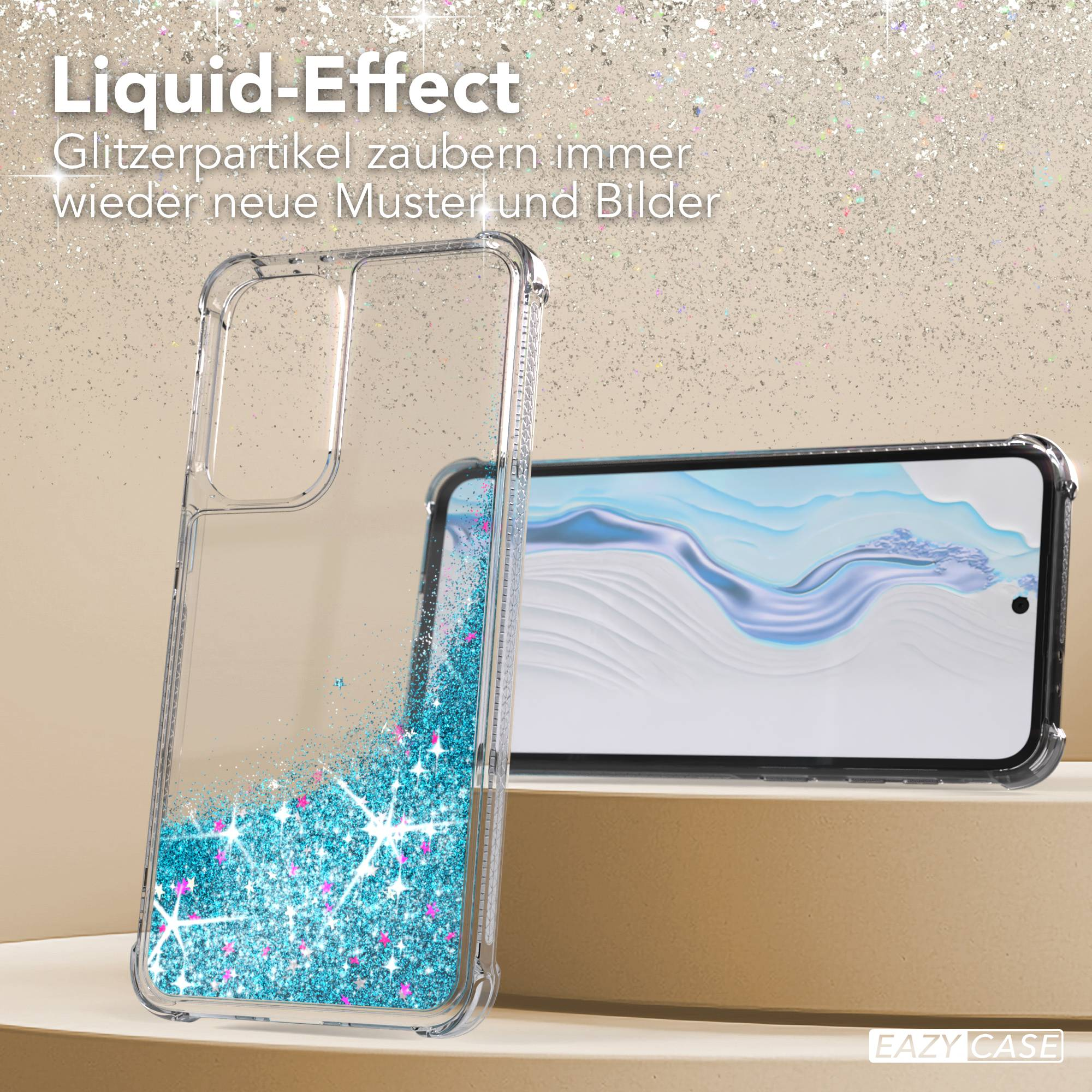 Transparente Hülle mit blauen Glitzerpartikeln und einem Smartphone.