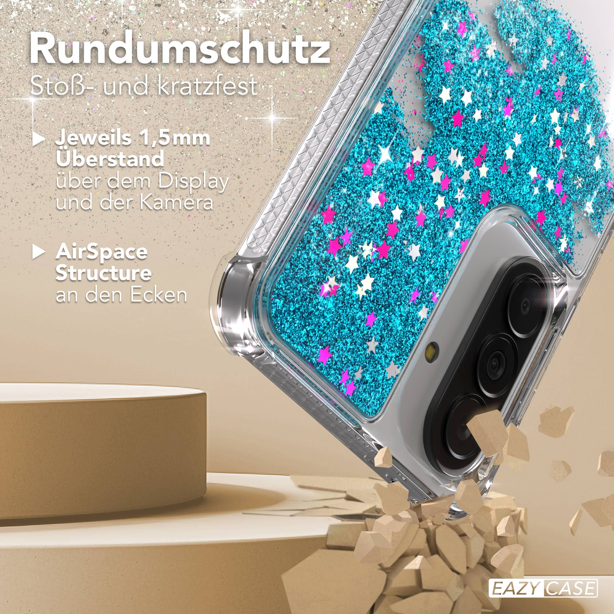 Transparente Handyhülle mit blauem Glitzer und Sternen, stoßfest.
