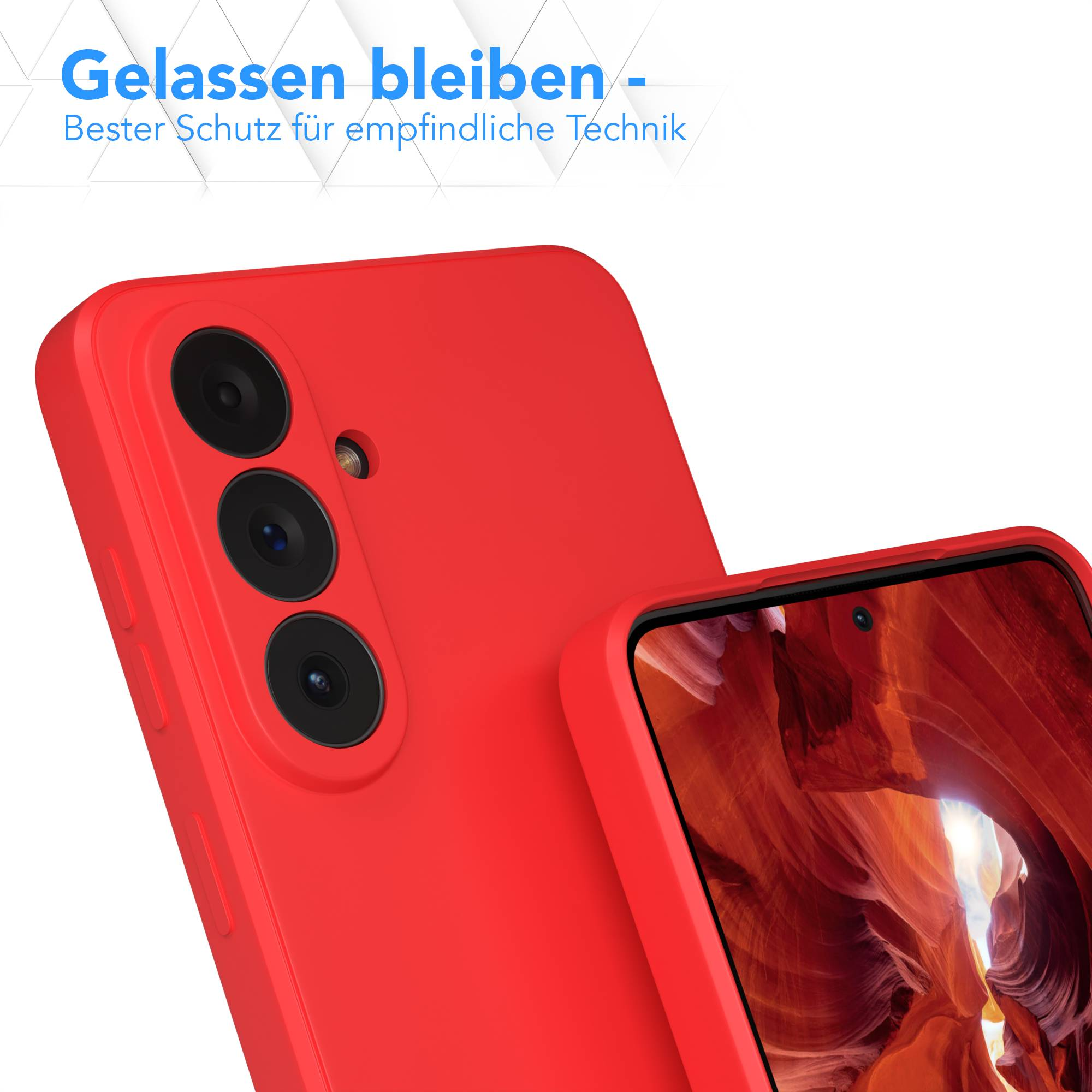 Rote Handyhülle mit drei Kameras und einem Bildschirm mit Canyon-Bild.