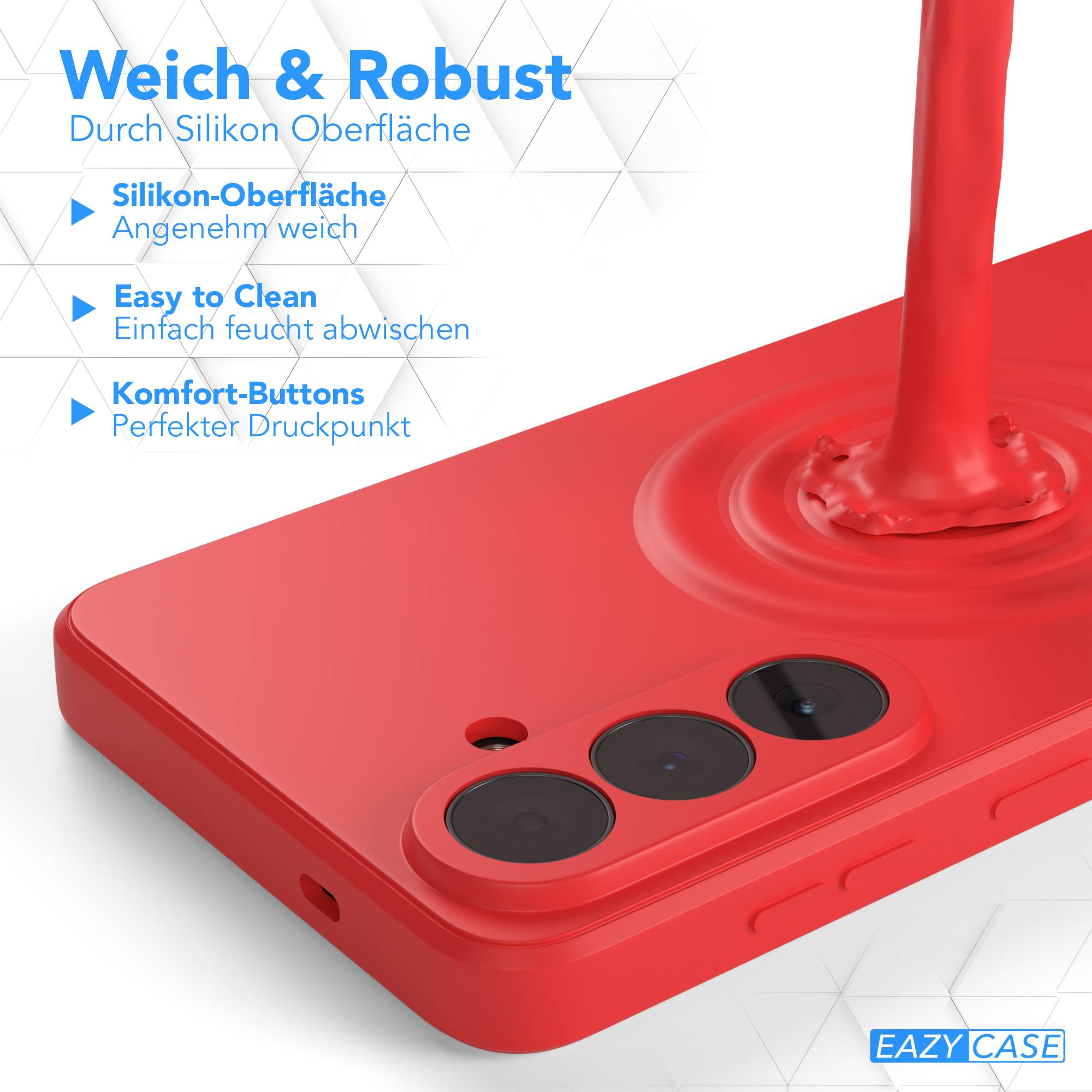 Rote Handyhülle mit Kamera und flüssigem Tropfen. Weich und robust.