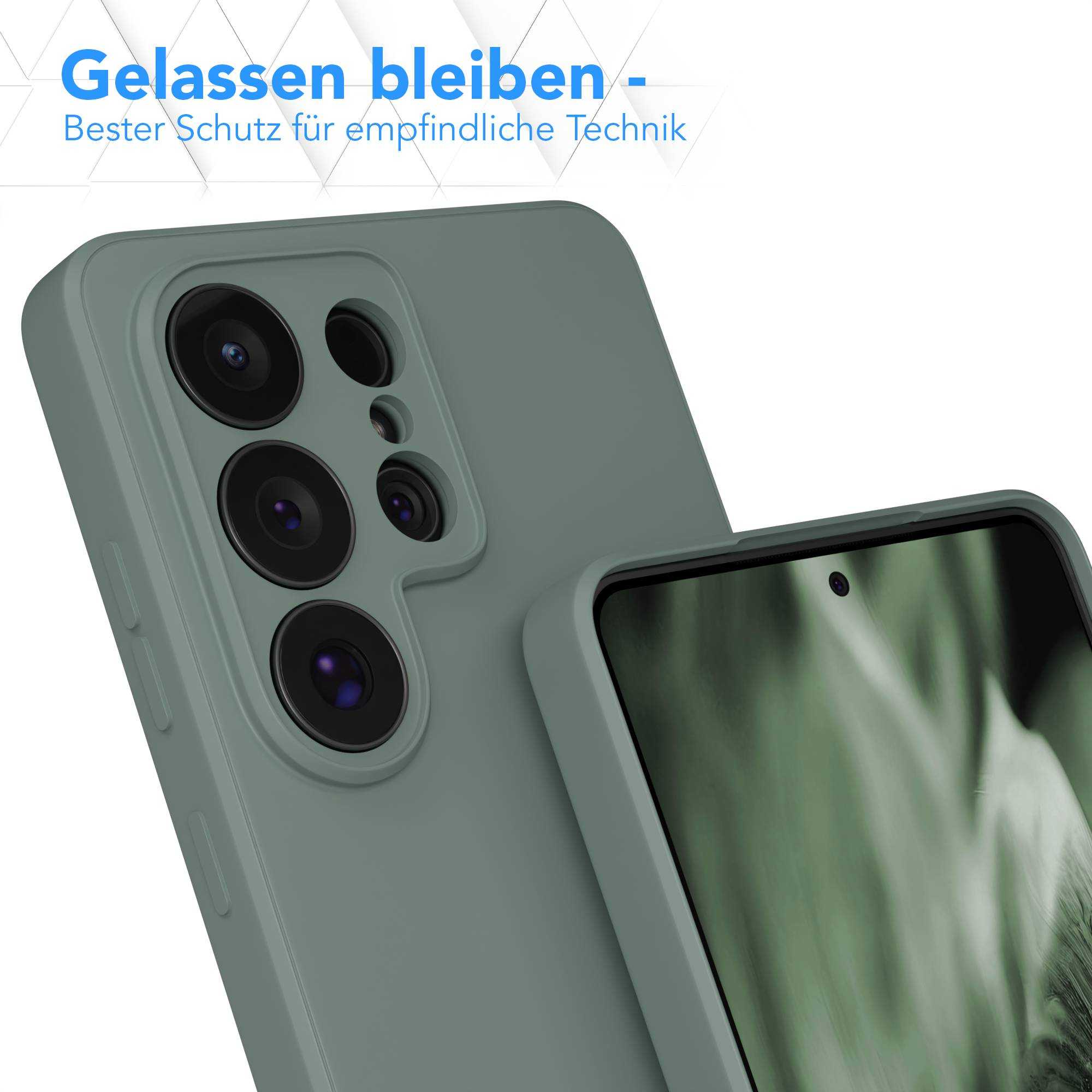 Grüne Handyhülle mit Kameraöffnung, zeigt Handy-Rückseite und Bildschirm.