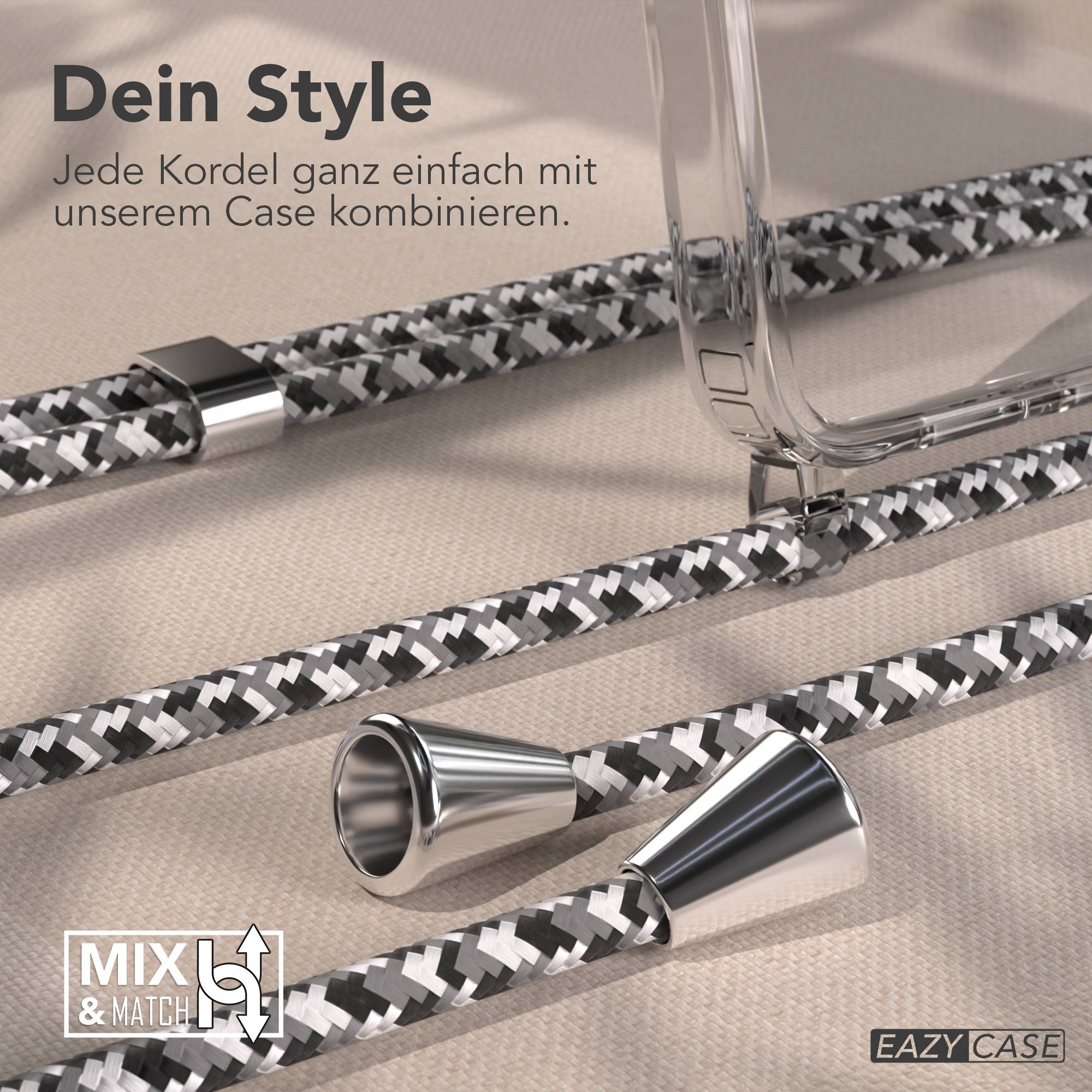 Grau-weiße Kordel mit silbernen Endstücken und einem transparenten Handycover.