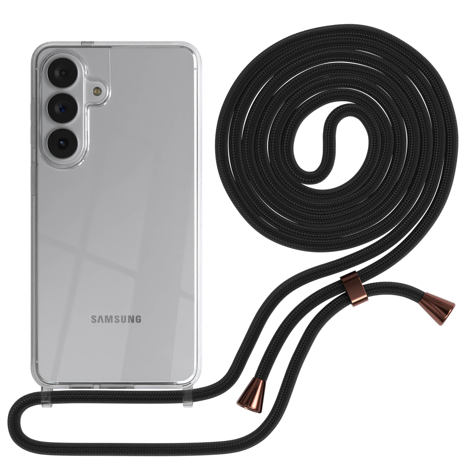 Transparente Hülle für Samsung-Handy mit schwarzer Umhängekordel mit Kupferakzenten.