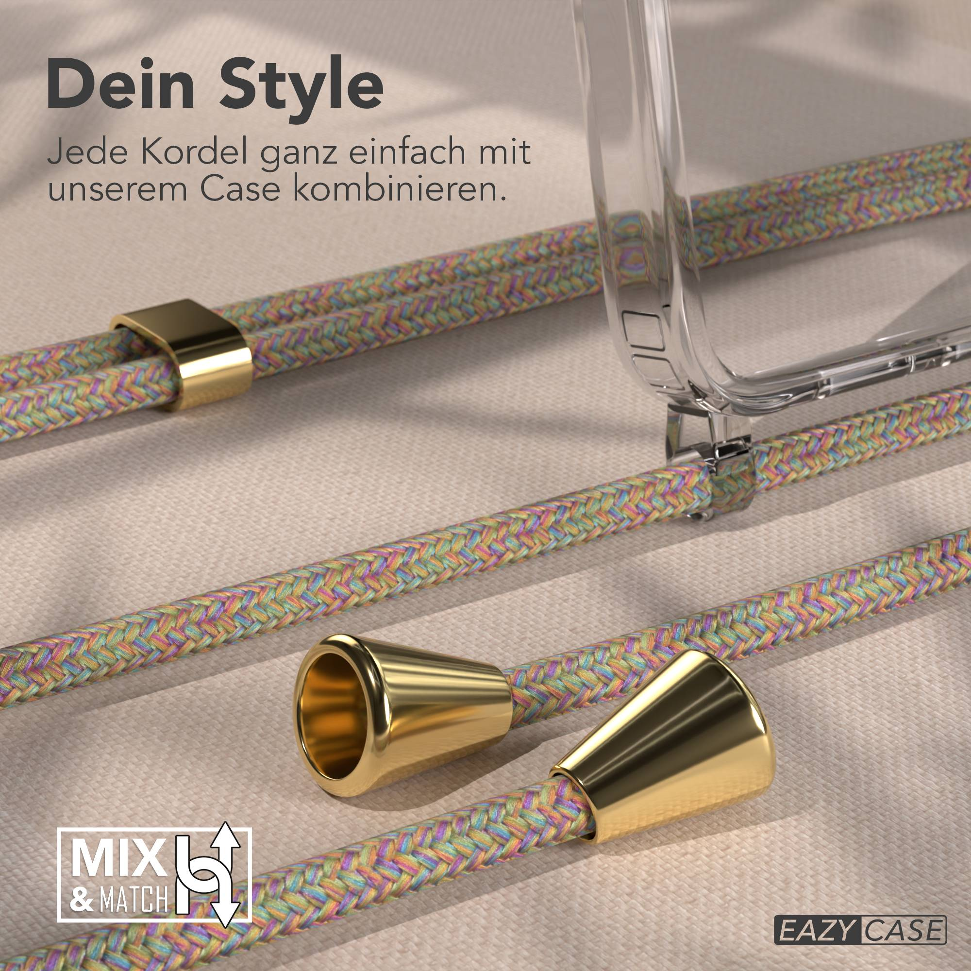 Bunte Kordeln mit goldenen Enden und einem transparenten Handyhülle-Detail.