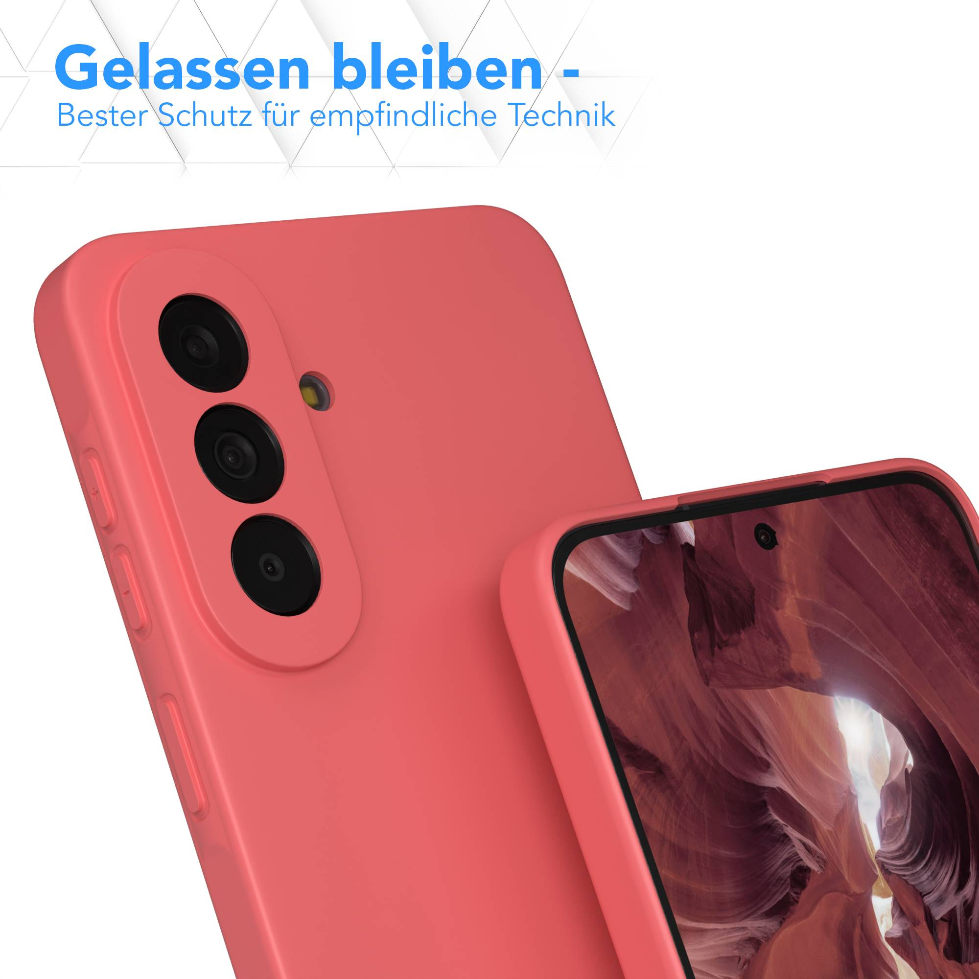 Korallenrote Handyhülle mit drei Kameralinsen und einem Display mit Canyon-Bild.