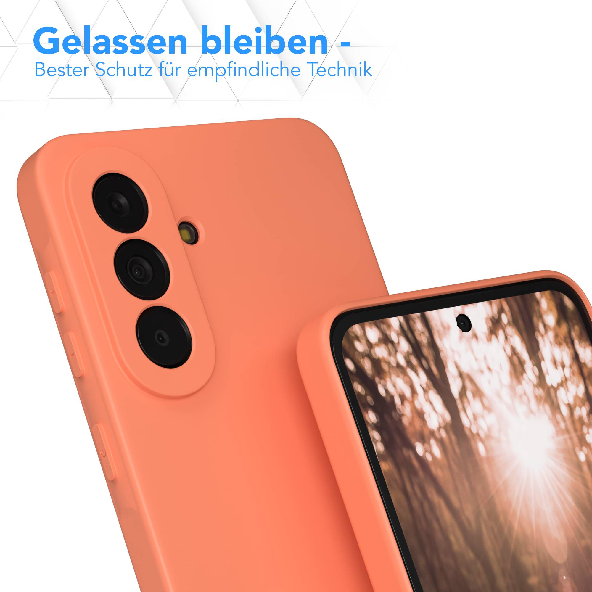 Korallenfarbene Handyhülle mit drei Kameralinsen und einem Bildschirm.