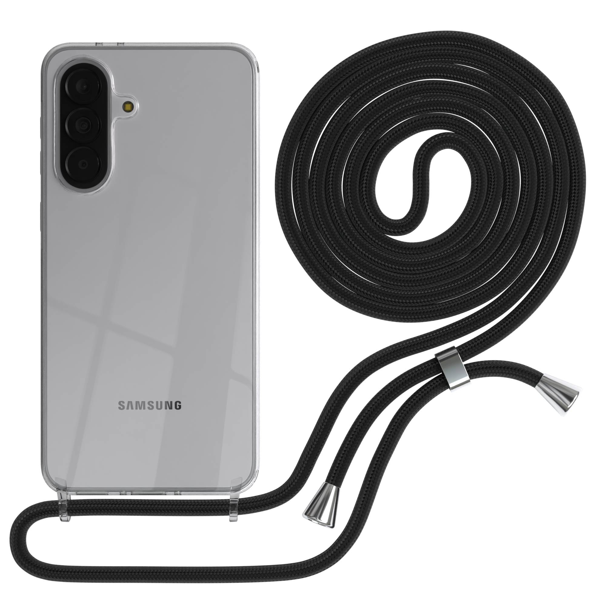 Ein durchsichtiges Handy mit schwarzer Kordel, die um es gewickelt ist.
