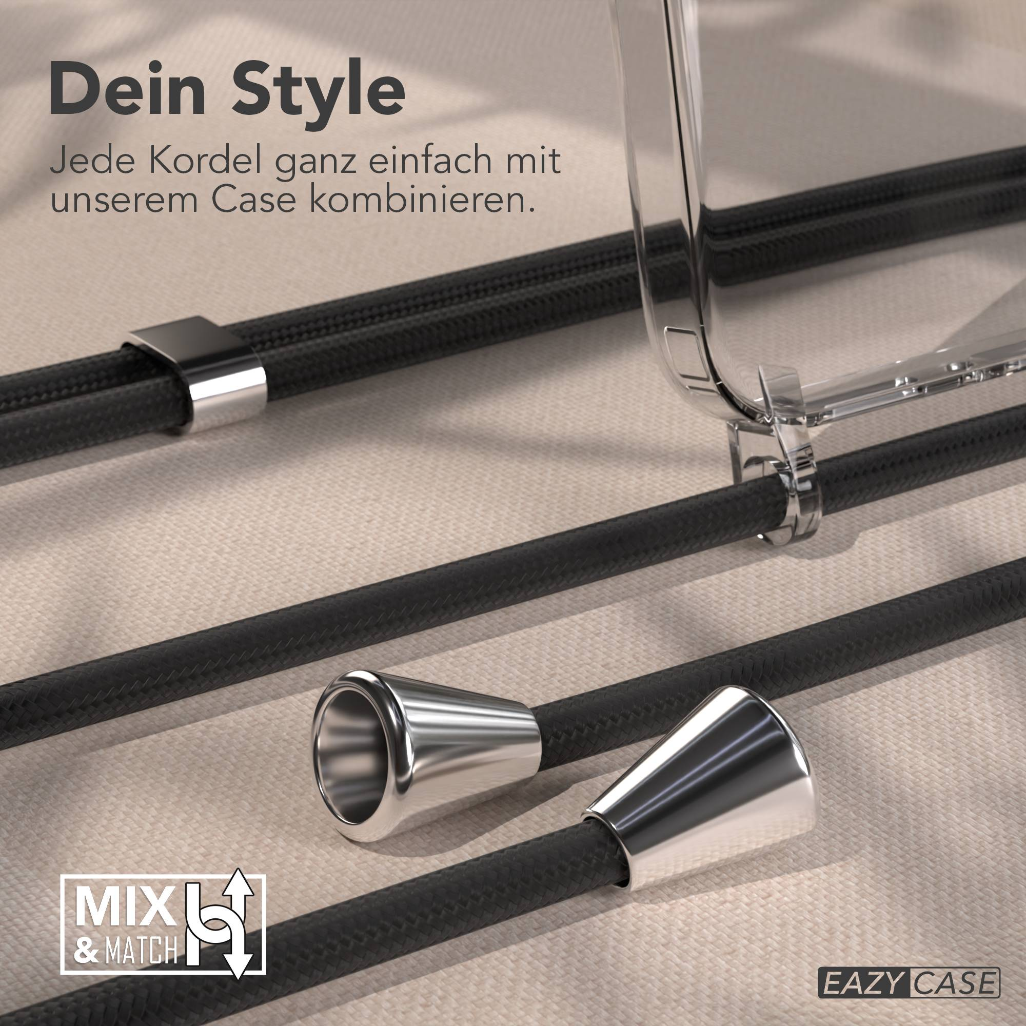 Ein durchsichtiges Handyhülle-Detail mit schwarzen Kordeln und silbernen Beschlägen.