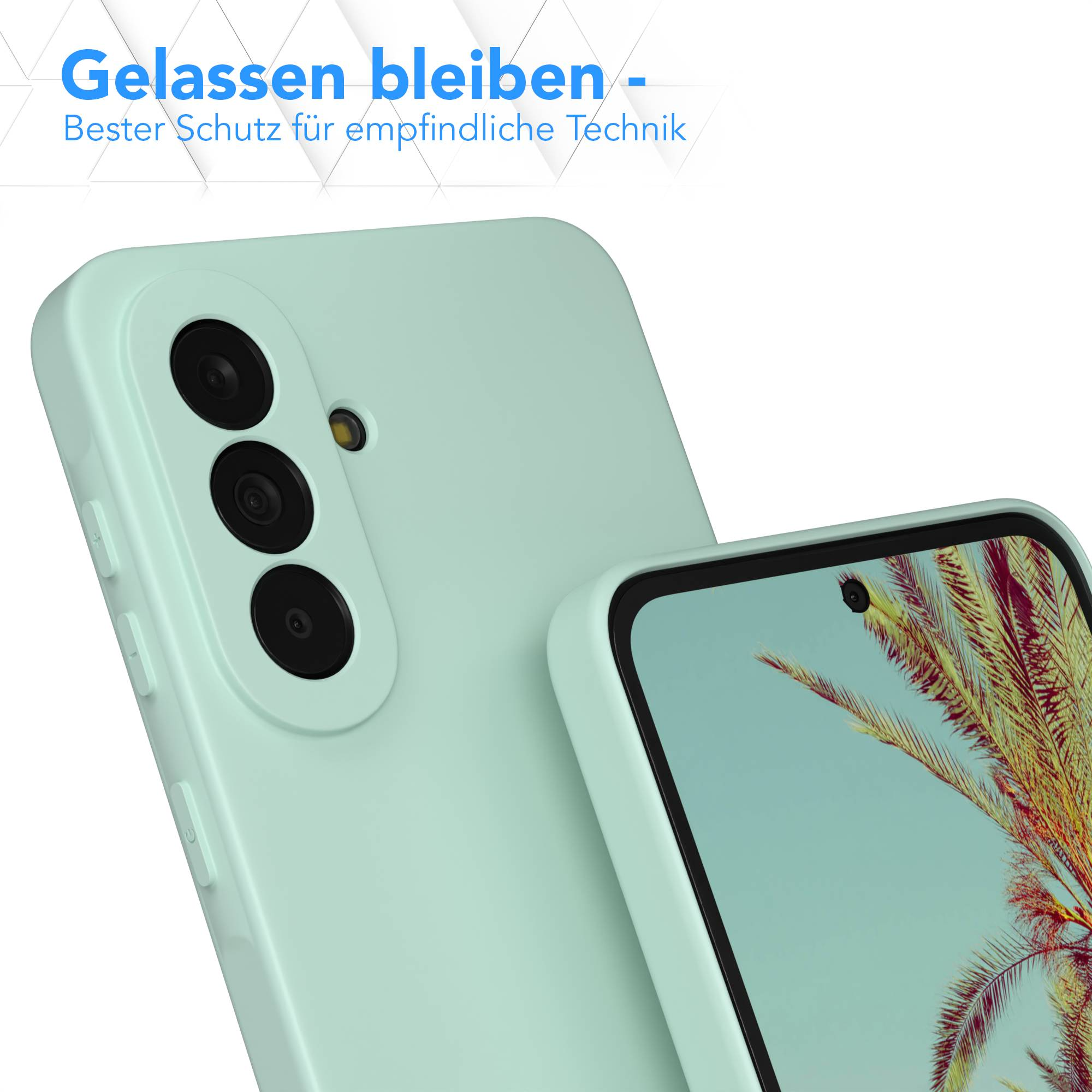 Eine mintgrüne Handyhülle mit drei Kameras und einem Bildschirm.