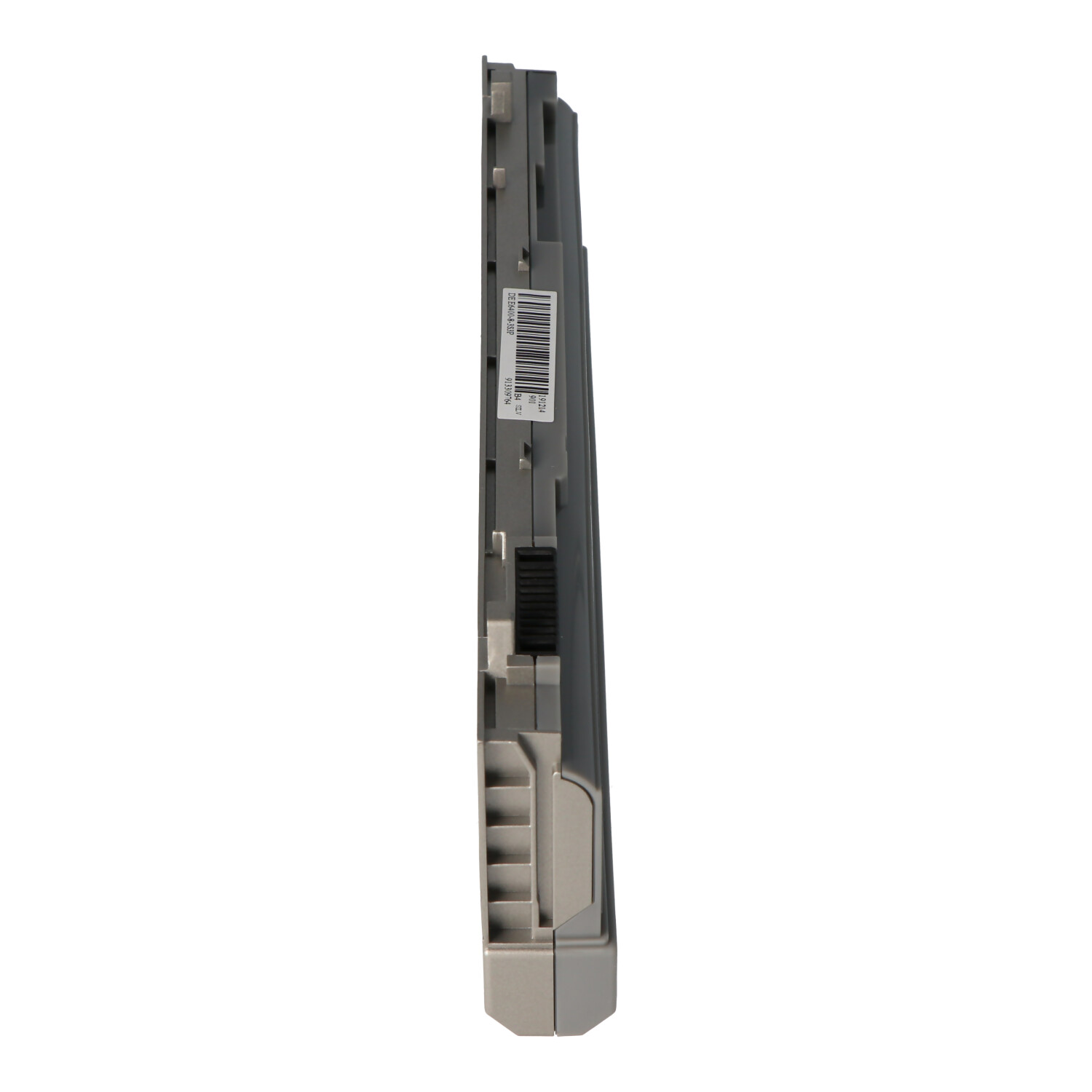 Graues und schwarzes technisches Gerät mit Barcode-Etikett, von der Seite gesehen.