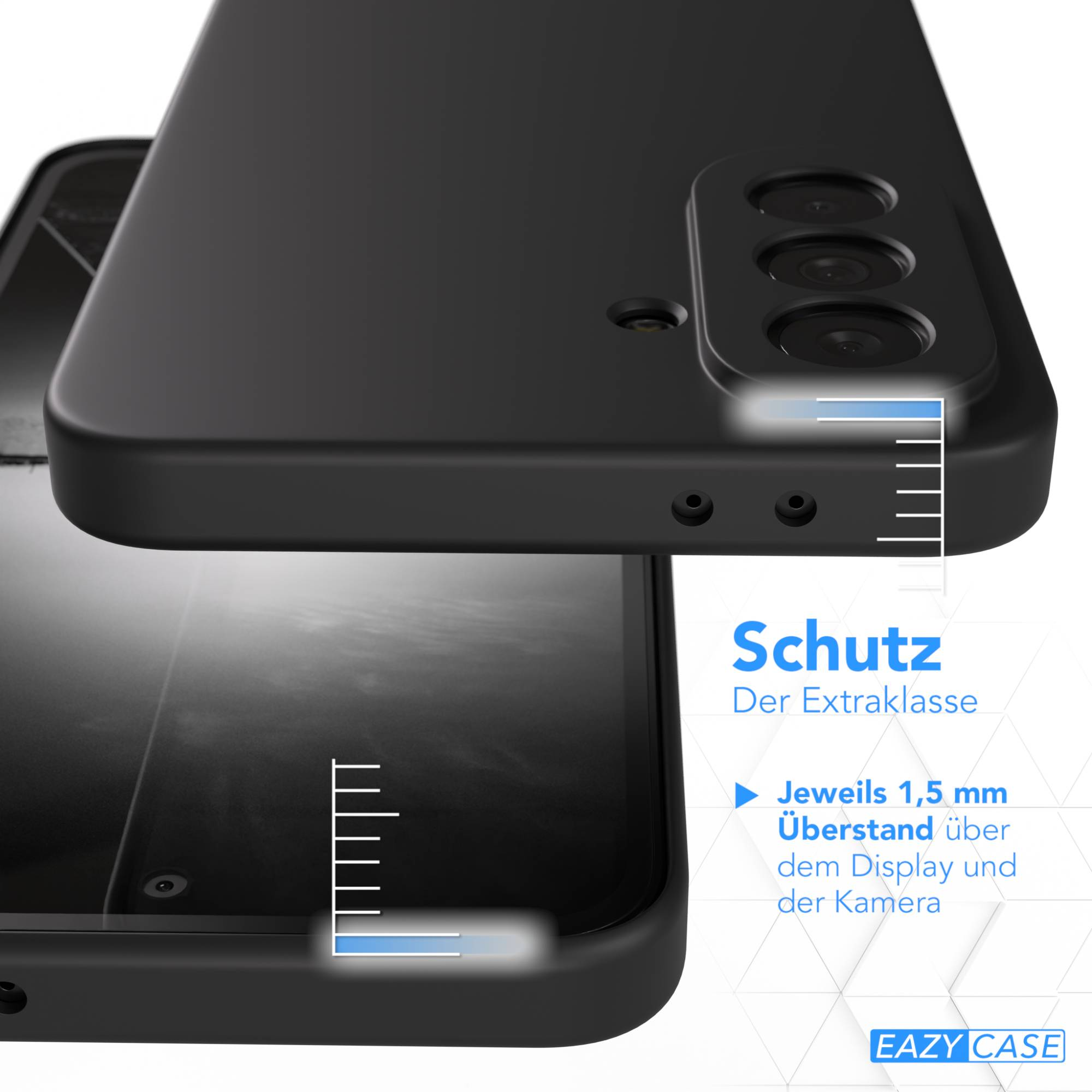Schwarzes Handycase mit Kamera-Ausschnitt und Schutzangaben.