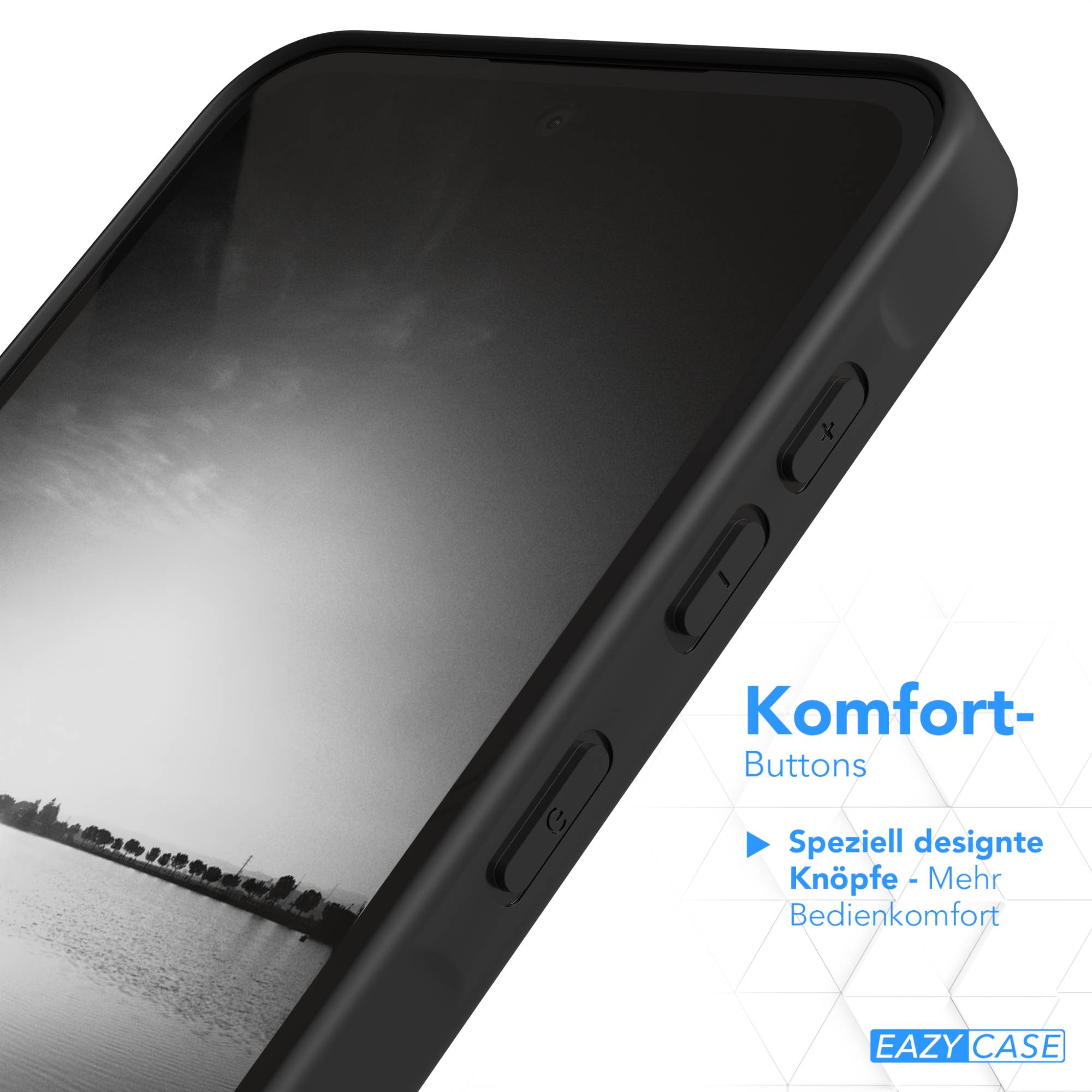Schwarze Handyhülle mit betonten Knöpfen und Text 'Komfort-Buttons'.