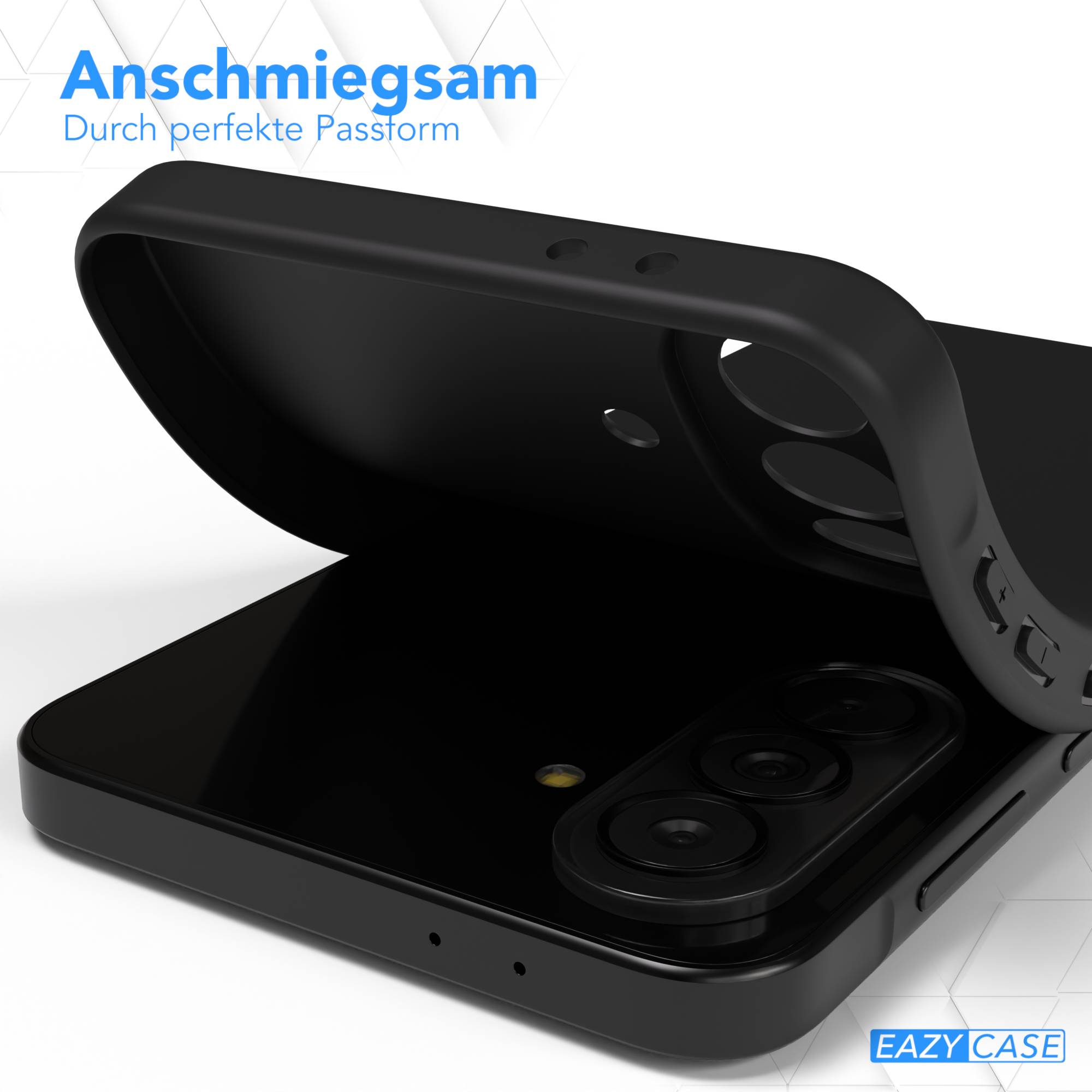 Schwarze Handyhülle, die sich über ein Smartphone wölbt. Nahaufnahme.