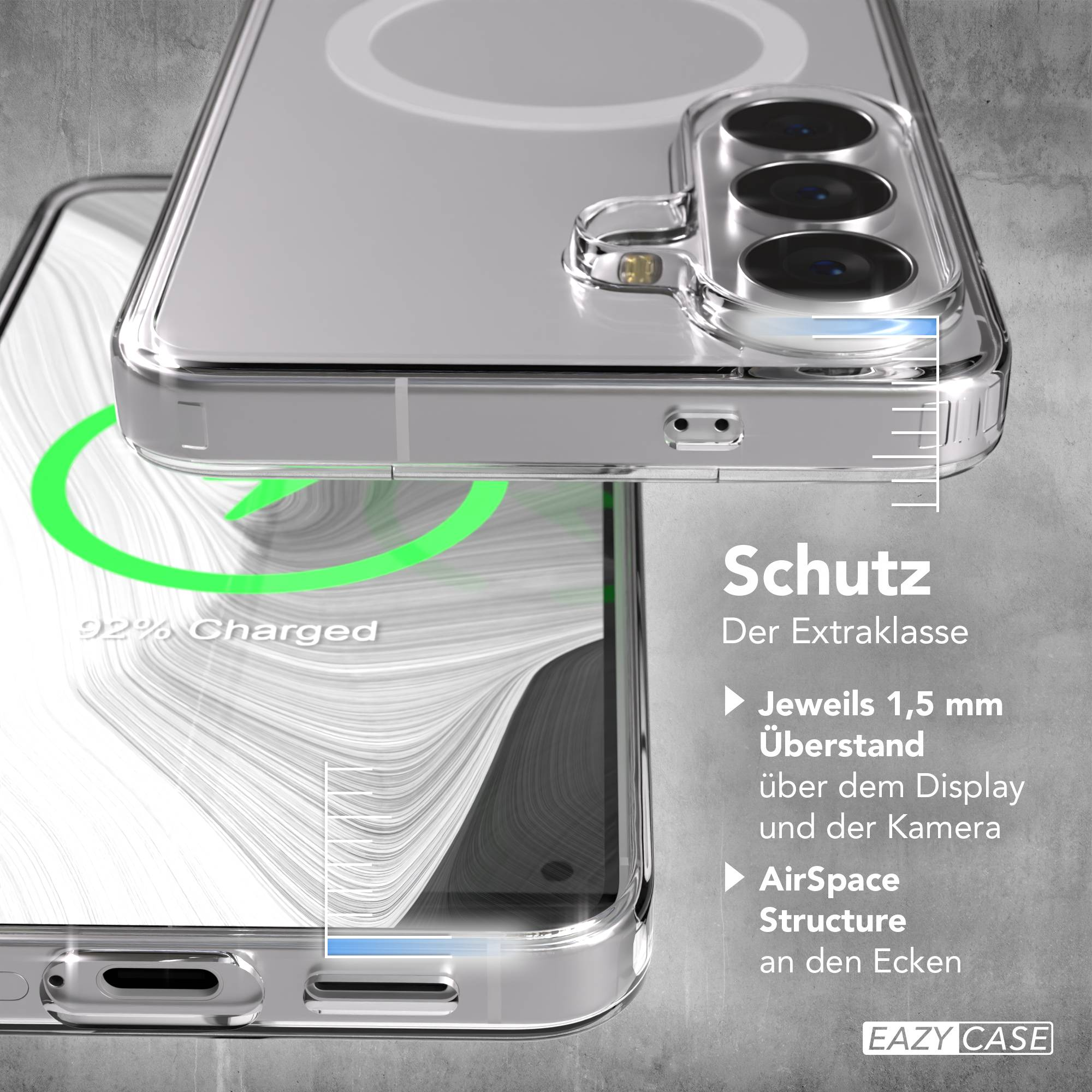 Ein durchsichtiges Handyhülle zeigt 92% Ladung und Kamera-Schutz.