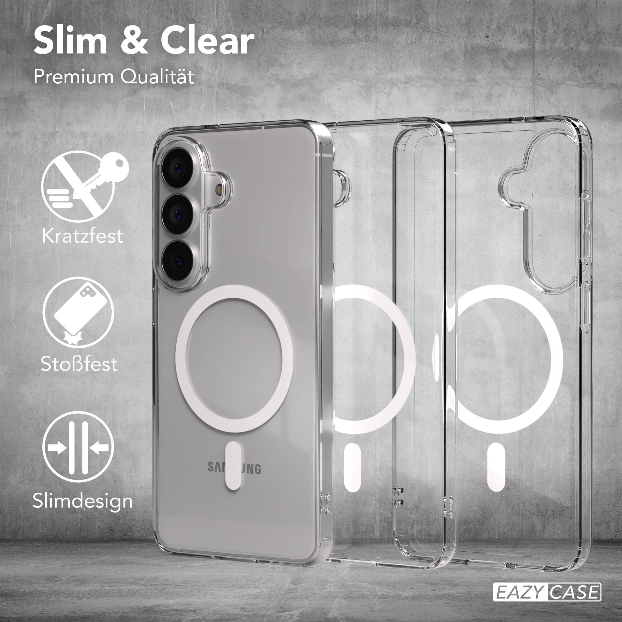 Transparente Handyhülle mit Magnetring, "Slim & Clear" Schriftzug.