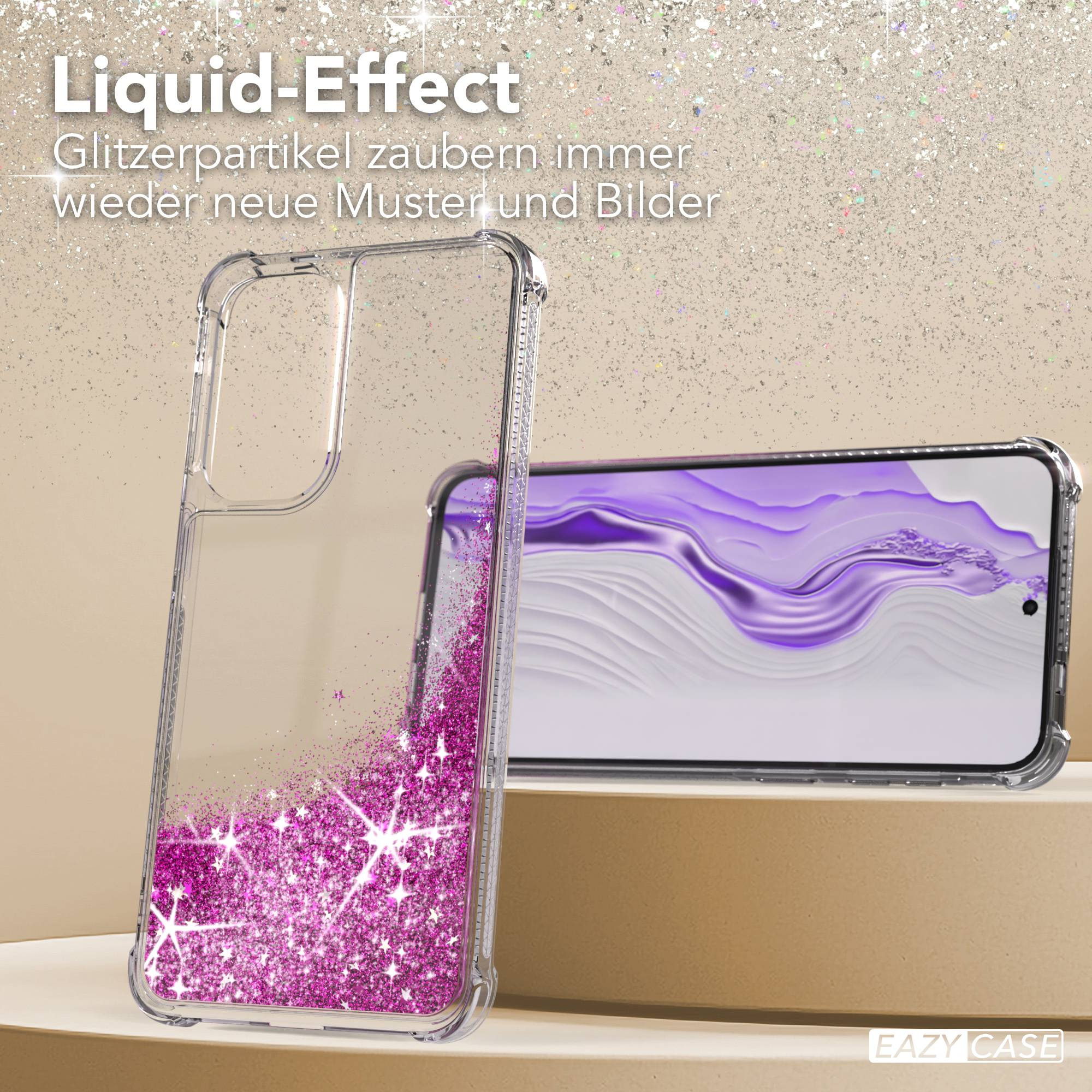 Transparente Hülle mit glitzernden lila Partikeln neben einem Smartphone.
