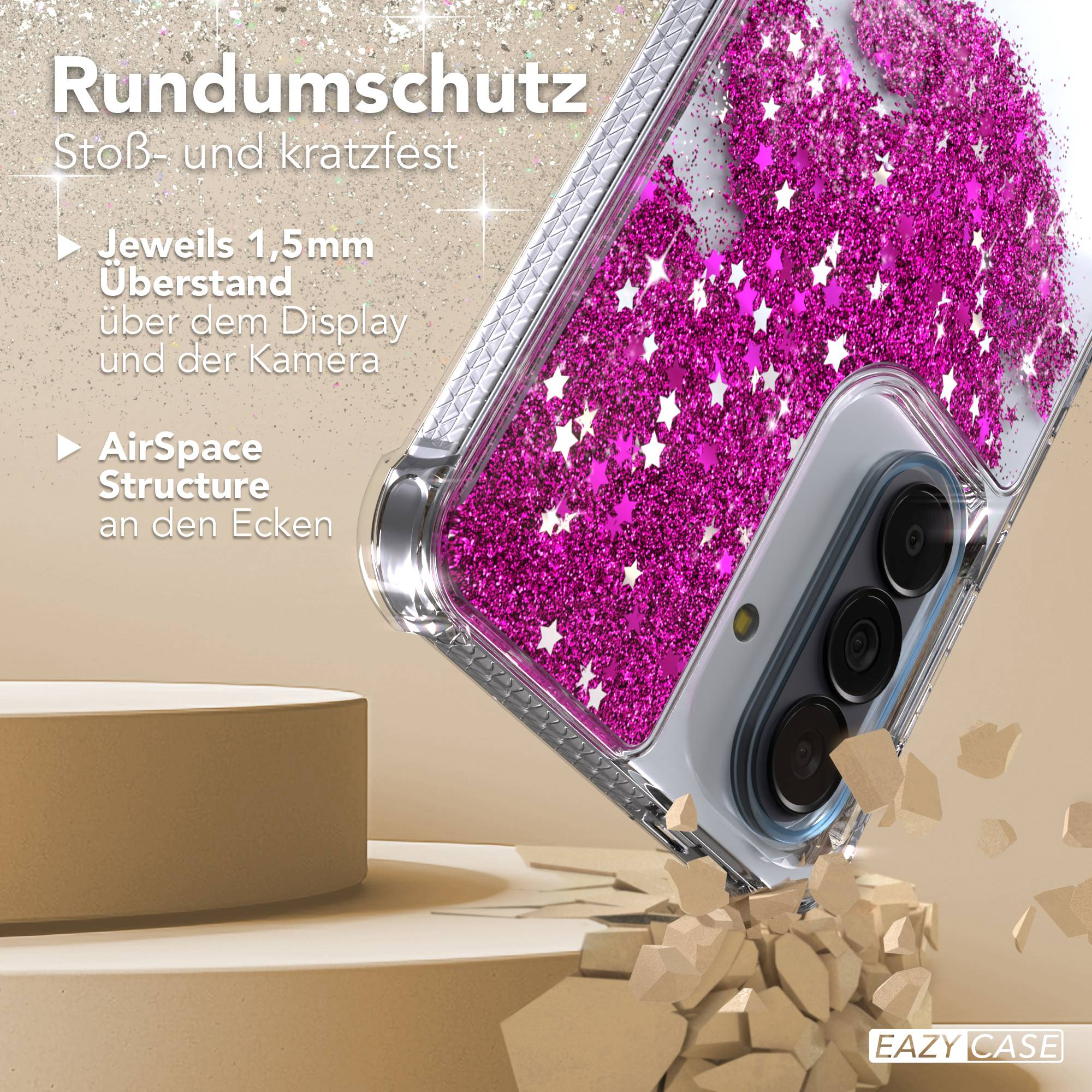 Transparente Handyhülle mit pinken Sternen und Glitzer. Zeigt Schutzfunktionen.