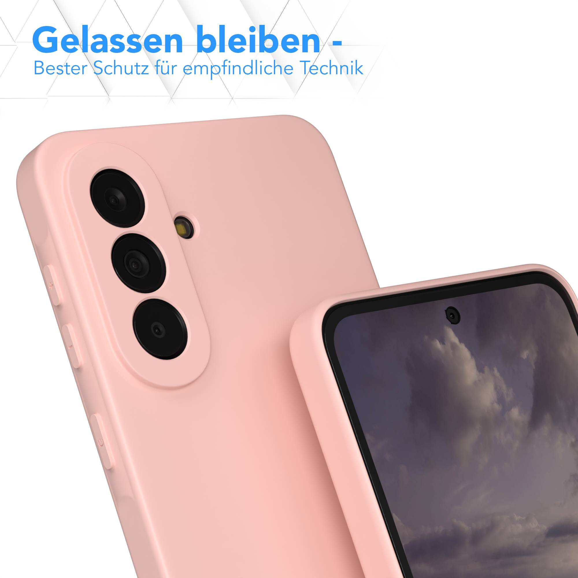 Ein rosafarbener Handyhülle mit drei Kameras und einem Bildschirm.