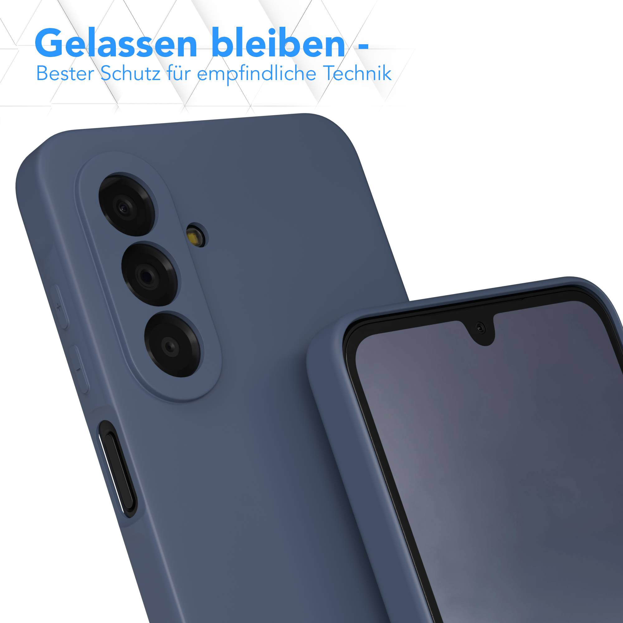 Eine blaue Handyhülle mit drei Kameralinsen und einem Blitz.
