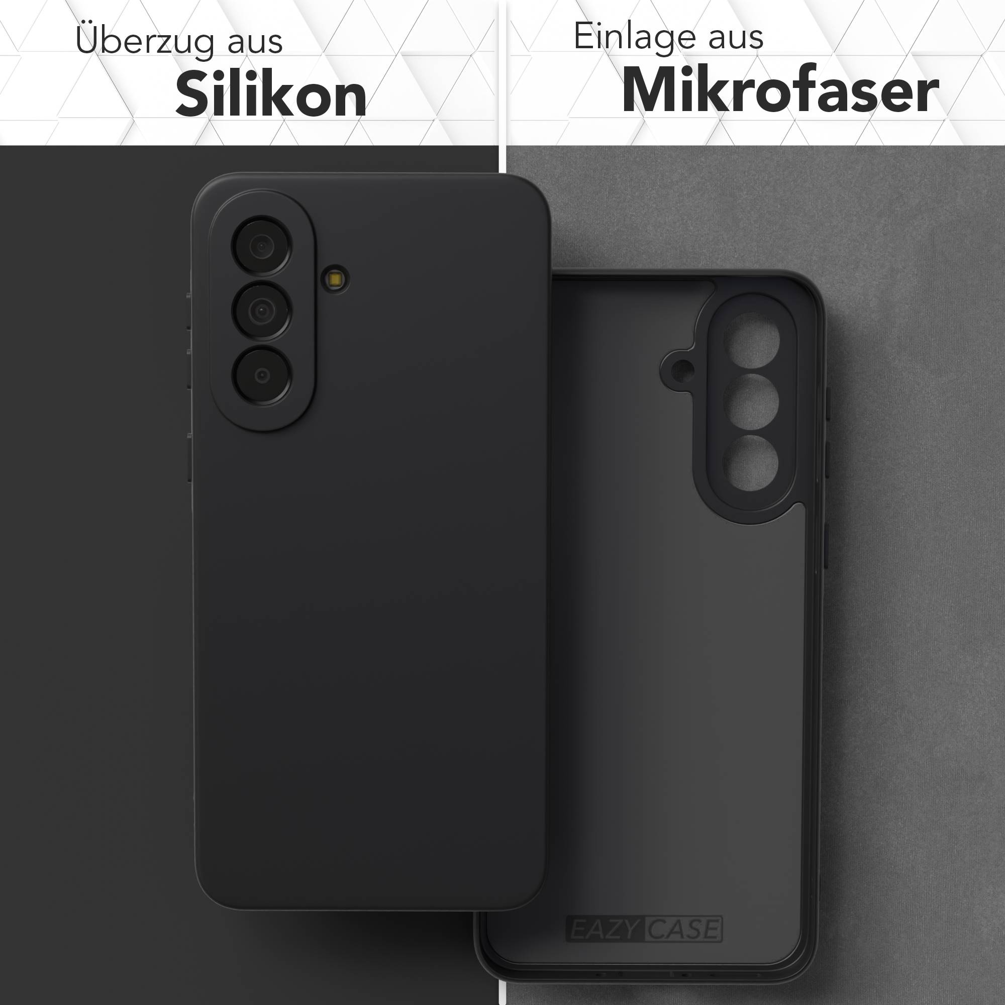 Schwarze Handyhülle aus Silikon und Mikrofaser, geteilt.