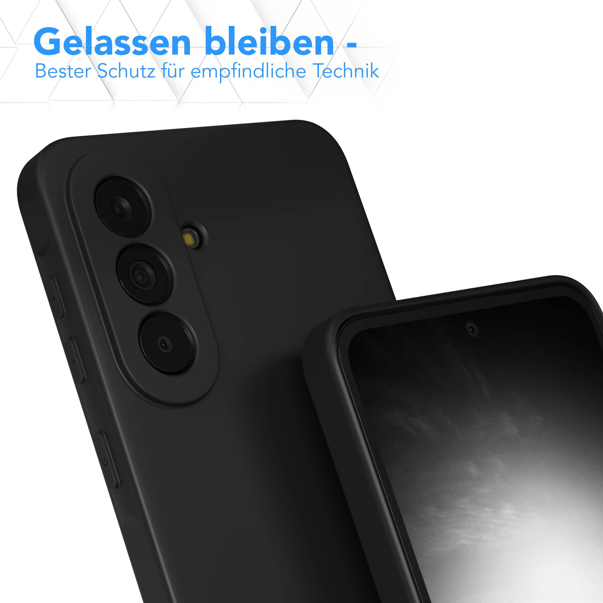 Schwarzes Smartphone mit Dreifachkamera und Displayschutzfolie.