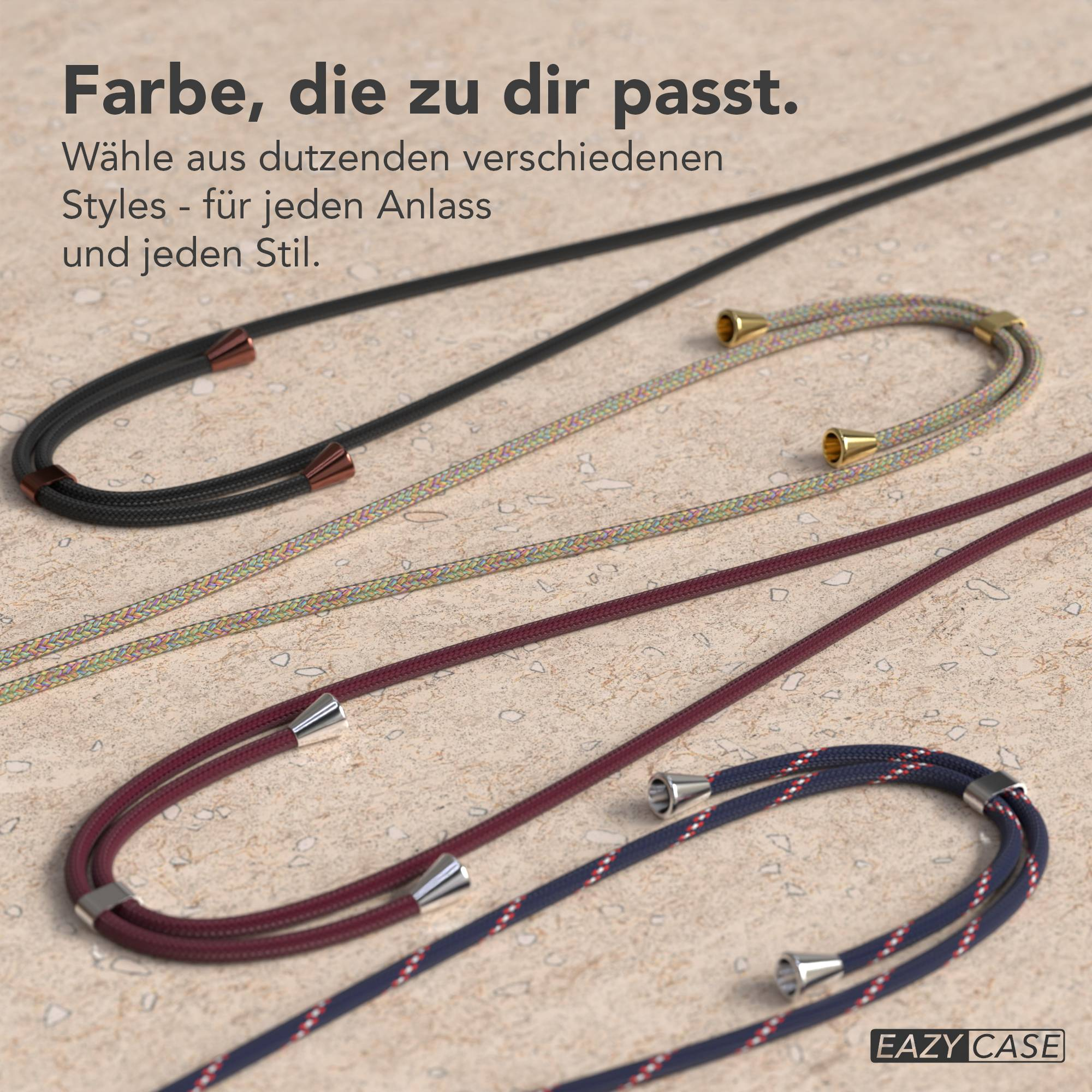 Drei geflochtene Lanyards in Schwarz, Mehrfarbig und Burgunderrot mit Metallakzenten.