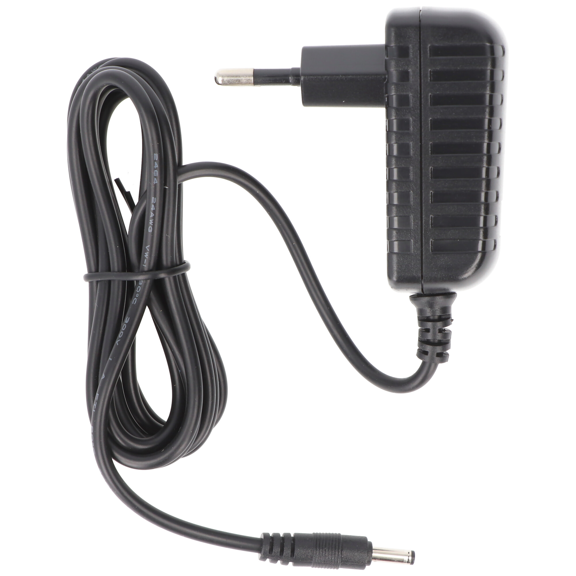 Schwarzes Netzteil mit rundem Stecker und gewickeltem Kabel.
