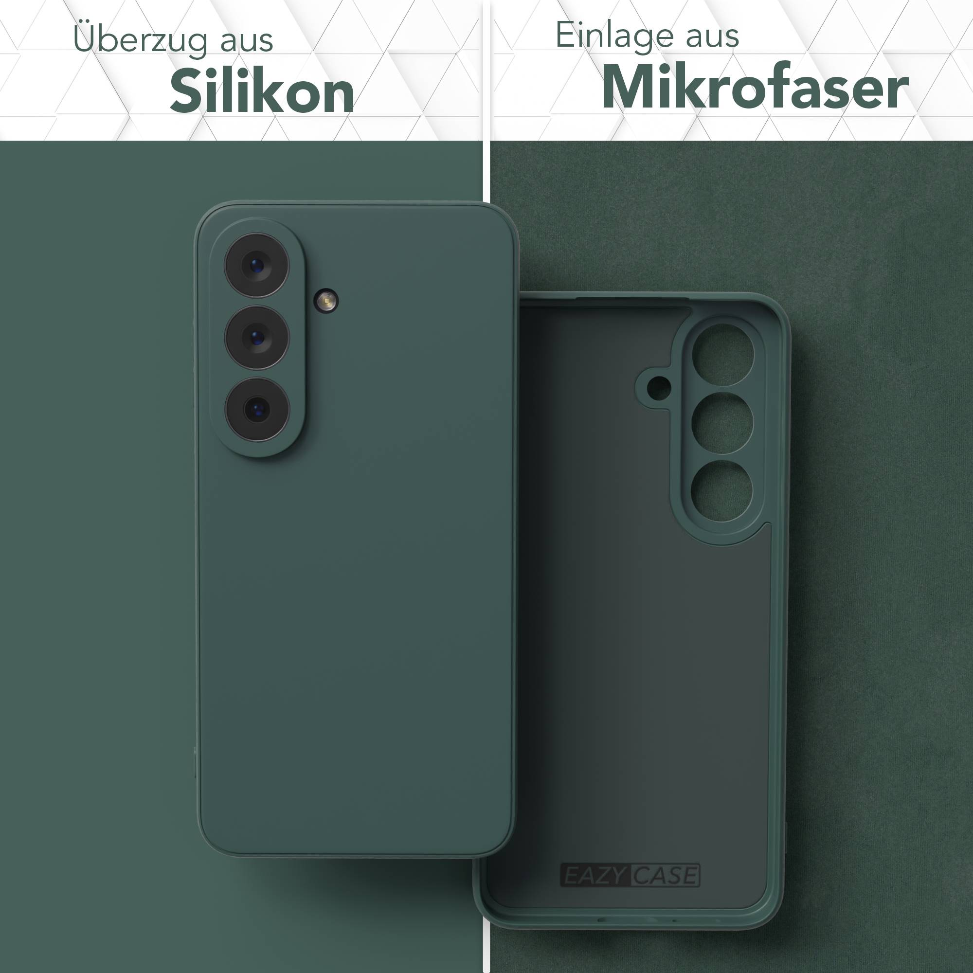 Dunkelgrüne Handyhülle aus Silikon und Mikrofaser, eine Seite zeigt die Rückseite, die andere ist geöffnet.