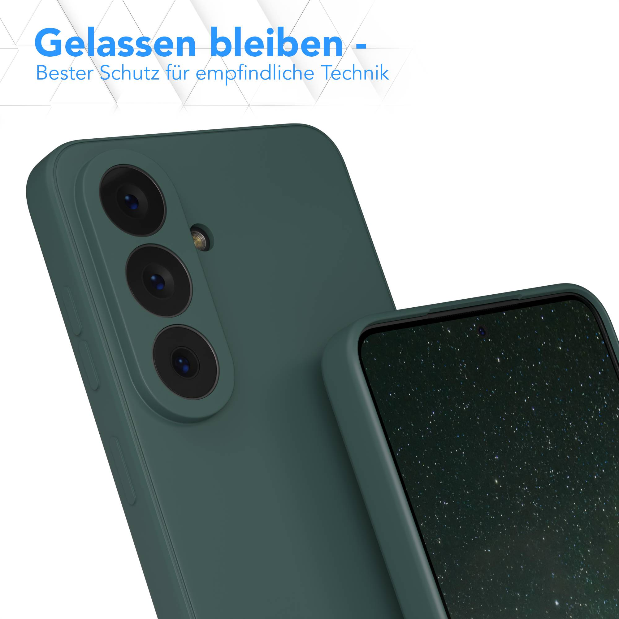 Dunkelgrüne Handyhülle mit drei Kameralinsen und Sternenhimmel-Display.