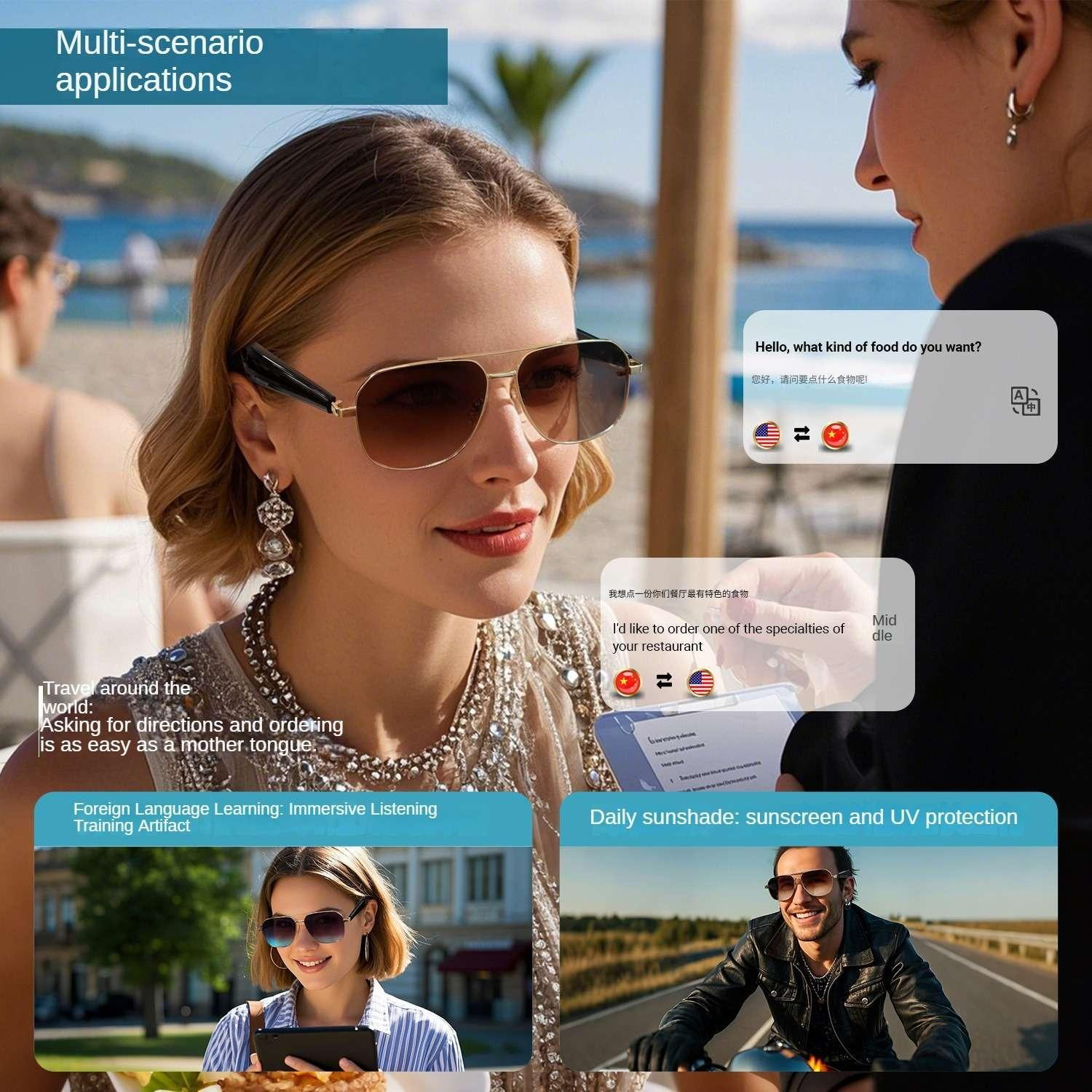 Frau mit Sonnenbrille, die ein Smartphone benutzt, mit Textfeldern für Übersetzung.