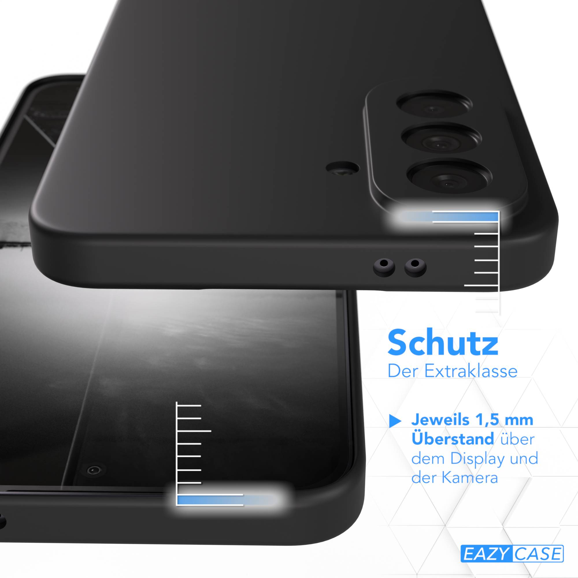 Schwarze Handyhülle mit Kamerabeule. Text zeigt 1,5 mm Schutz.