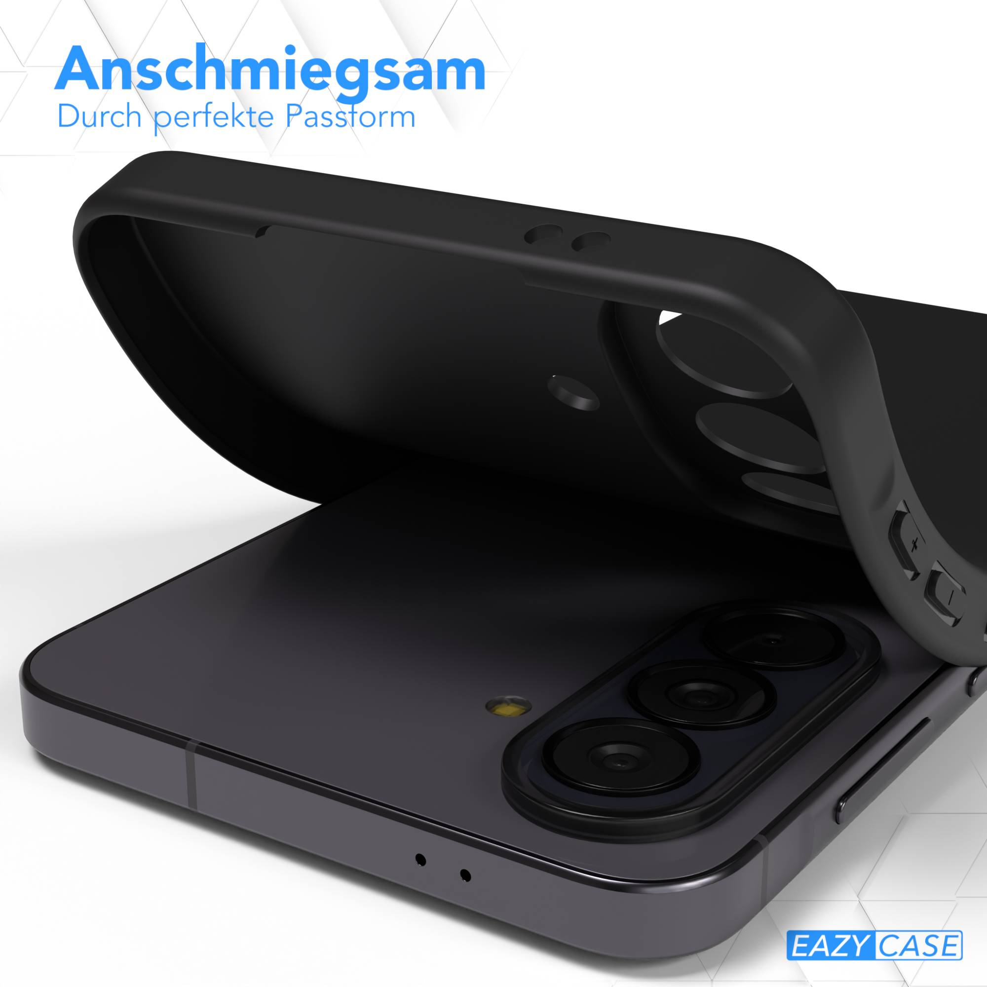 Schwarze Handyhülle liegt auf einem dunklen Smartphone mit drei Kameras.