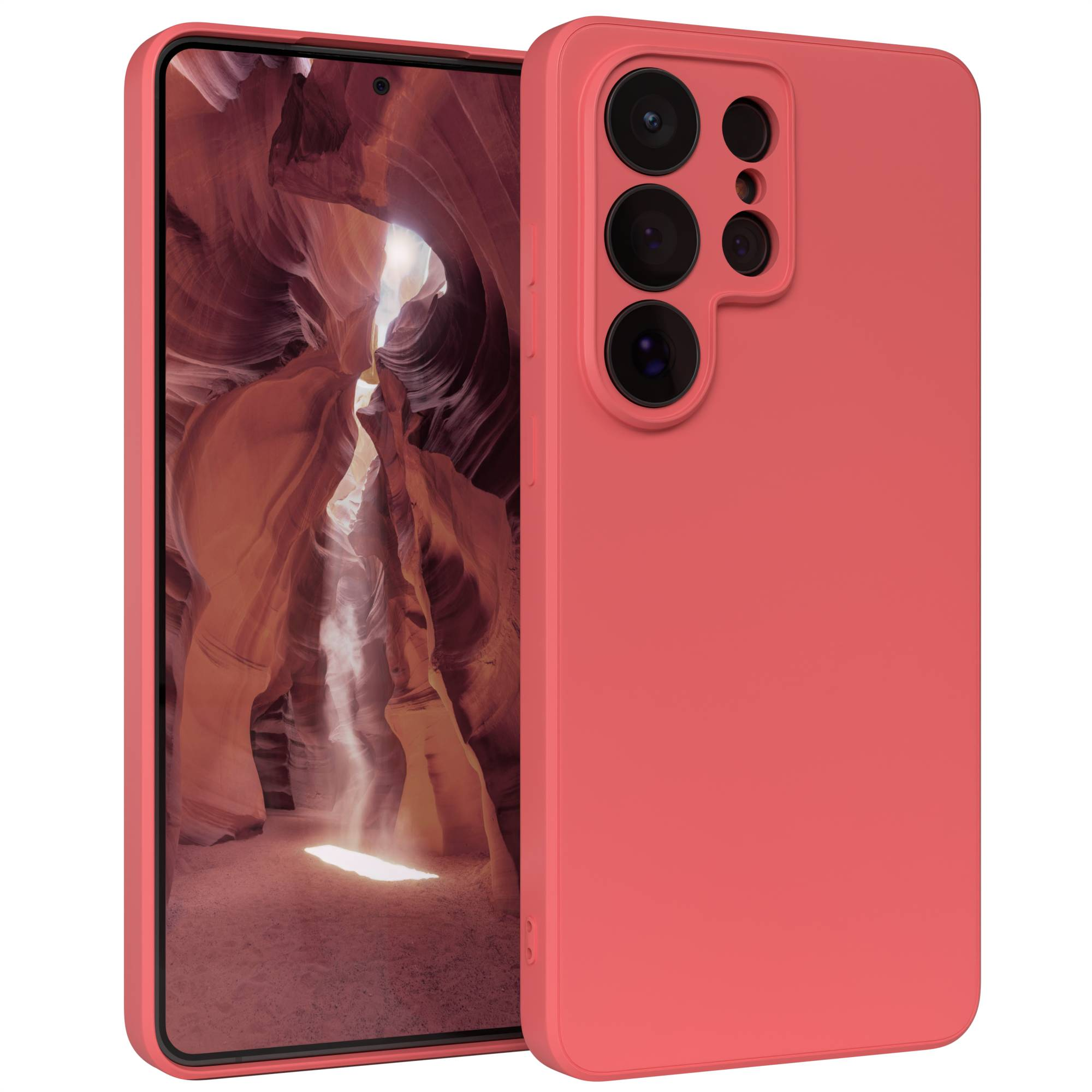 Ein korallenrotes Smartphone mit einer Kameraanordnung auf der Rückseite.