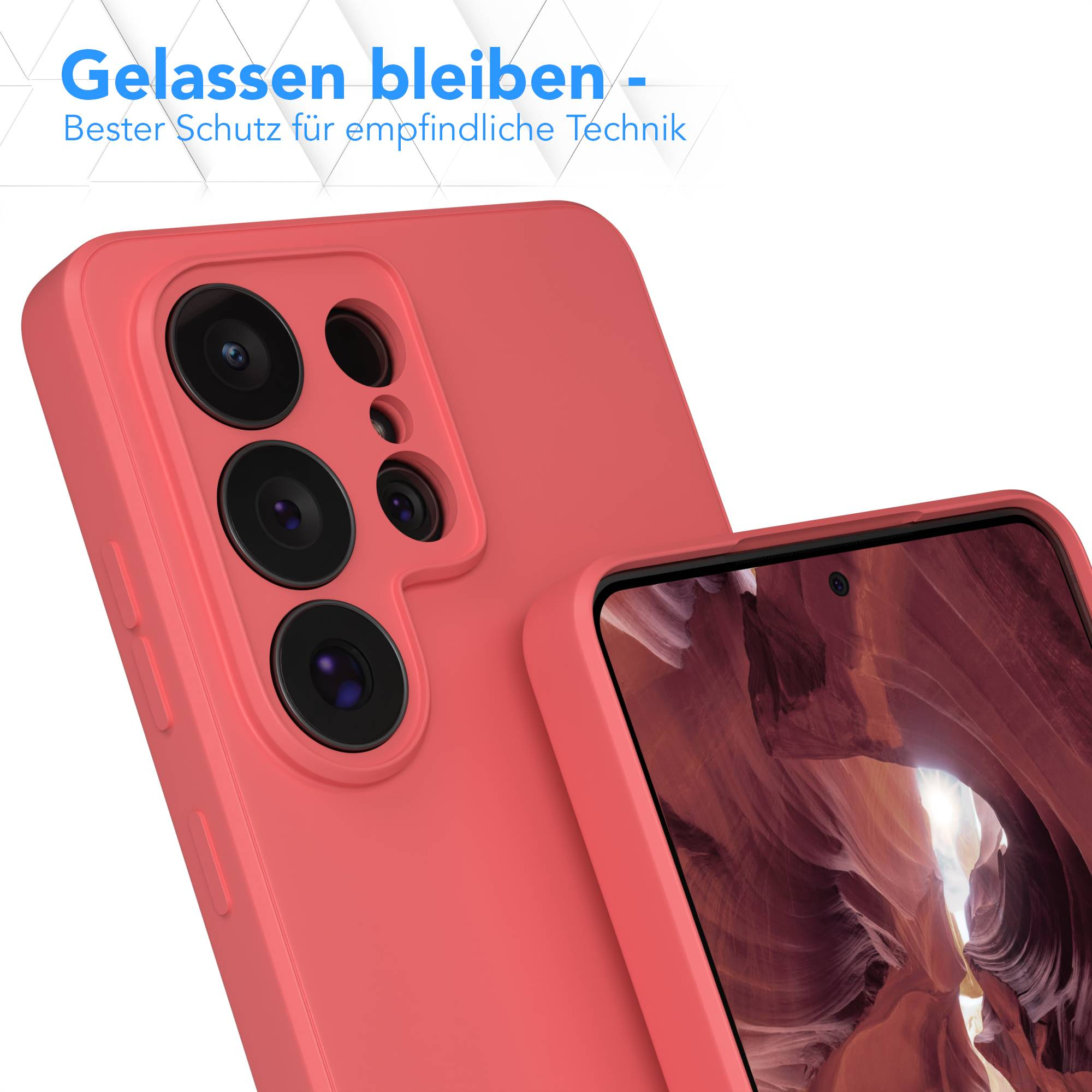 Korallenrote Handyhülle mit Kamerasystem und Bildschirm mit Canyon-Hintergrund.