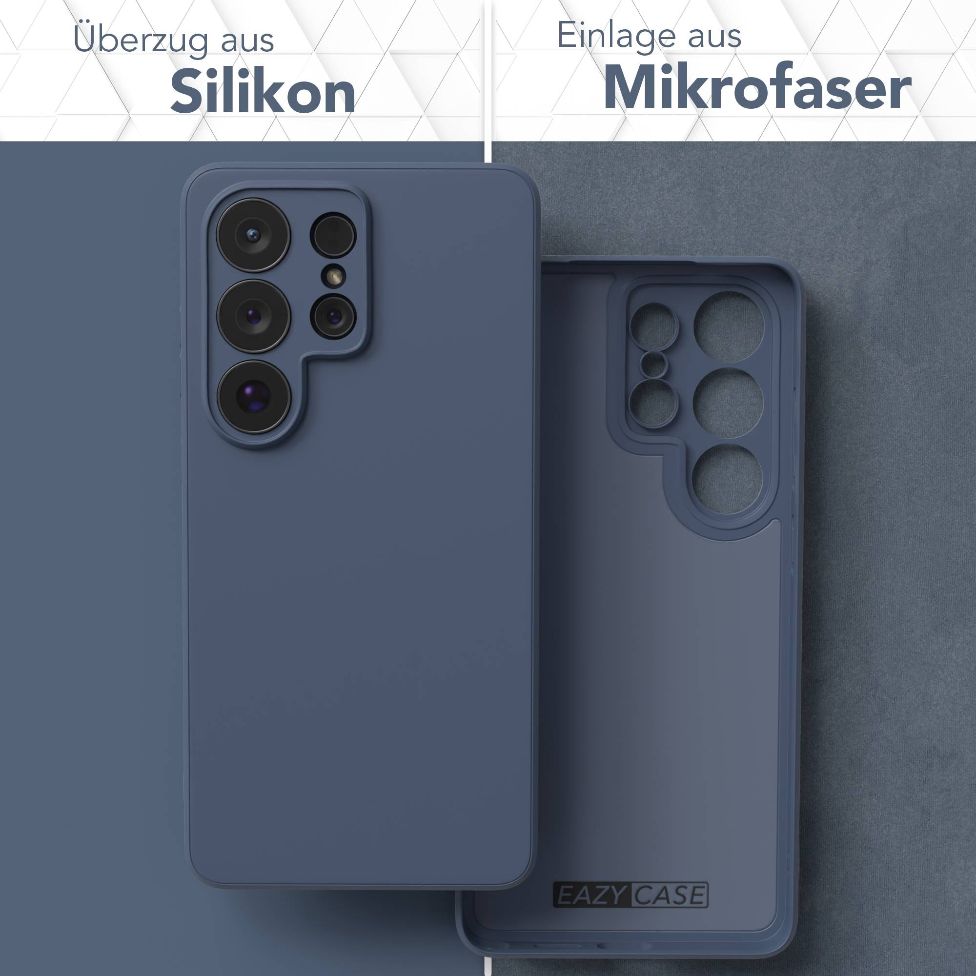 Eine blaue Handyhülle aus Silikon und eine Mikrofaser-Einlage sind zu sehen.