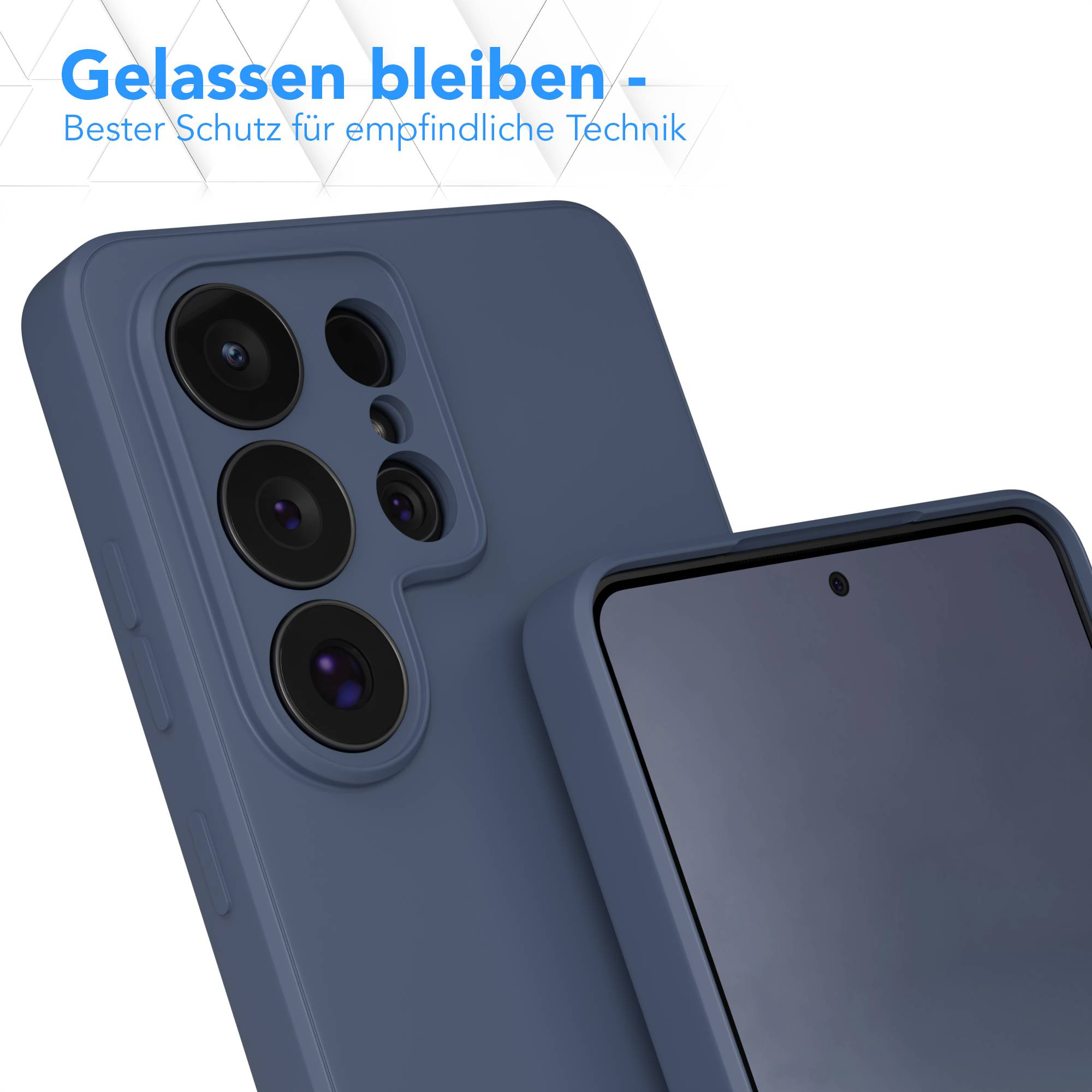 Dunkelblaue Handyhülle mit Kameraloch und einem Smartphone daneben.