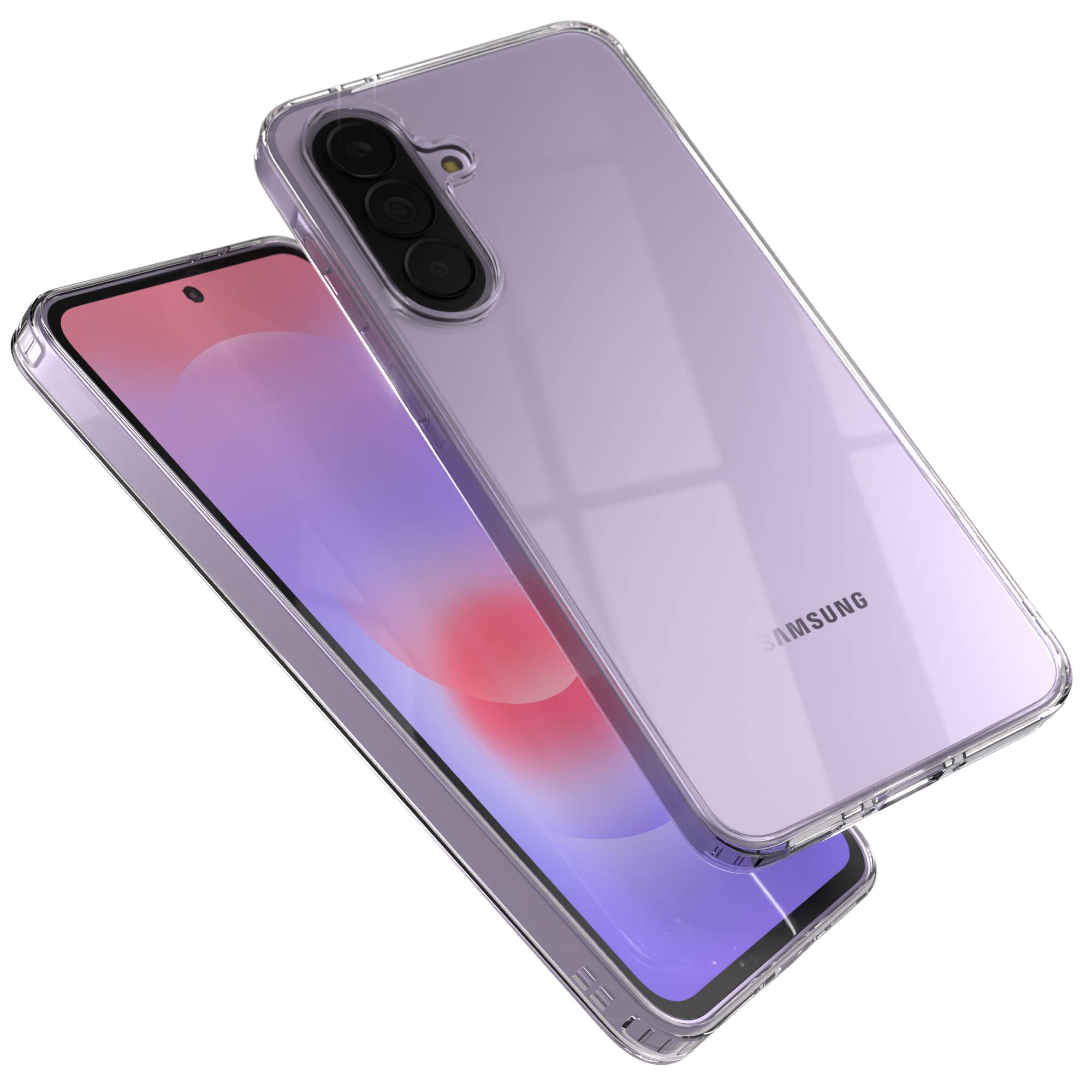 Zwei lila Samsung-Handys mit durchsichtigen Hüllen, auf weißem Hintergrund.
