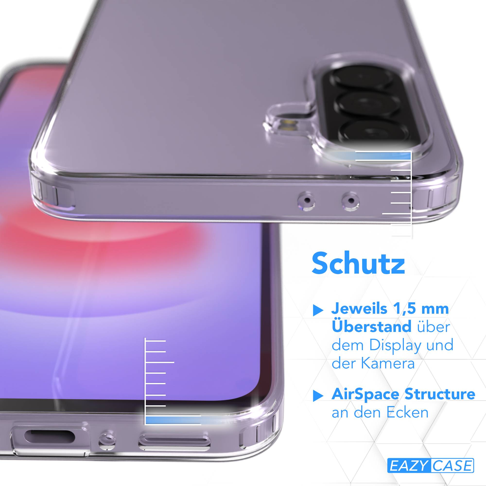 Transparente Hülle mit 1,5 mm Überstand für Display und Kamera.