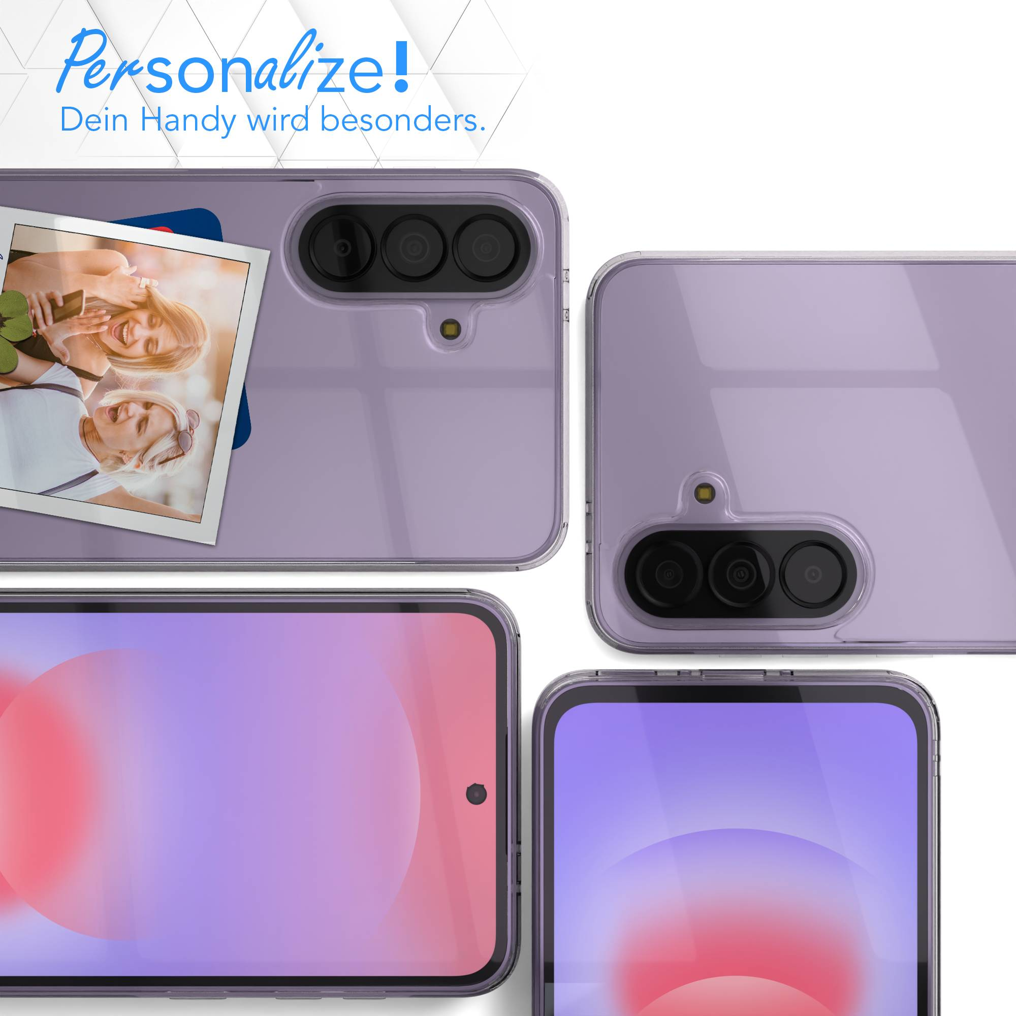 Lila Handyhülle zeigt zwei Fotos und drei Kameras auf der Rückseite.